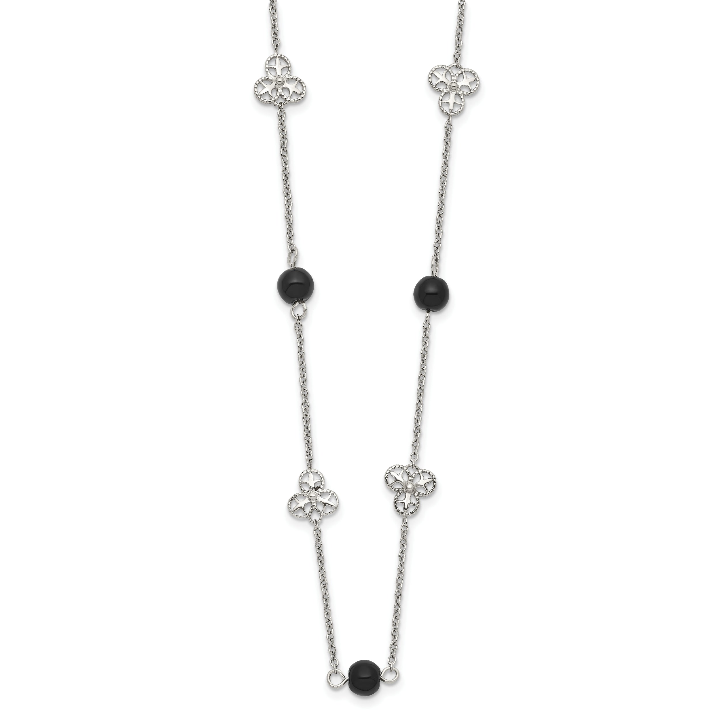 Stainless Steel Polished w/Black Acrylic Bead 33in Necklace