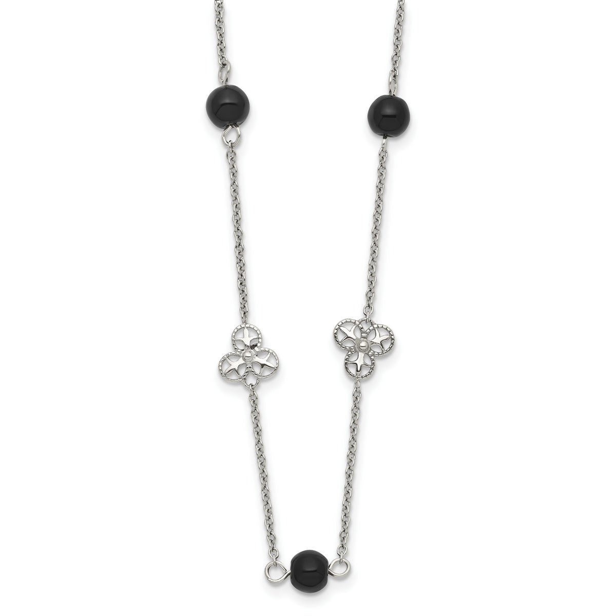 Stainless Steel Polished w/Black Acrylic Bead 33in Necklace