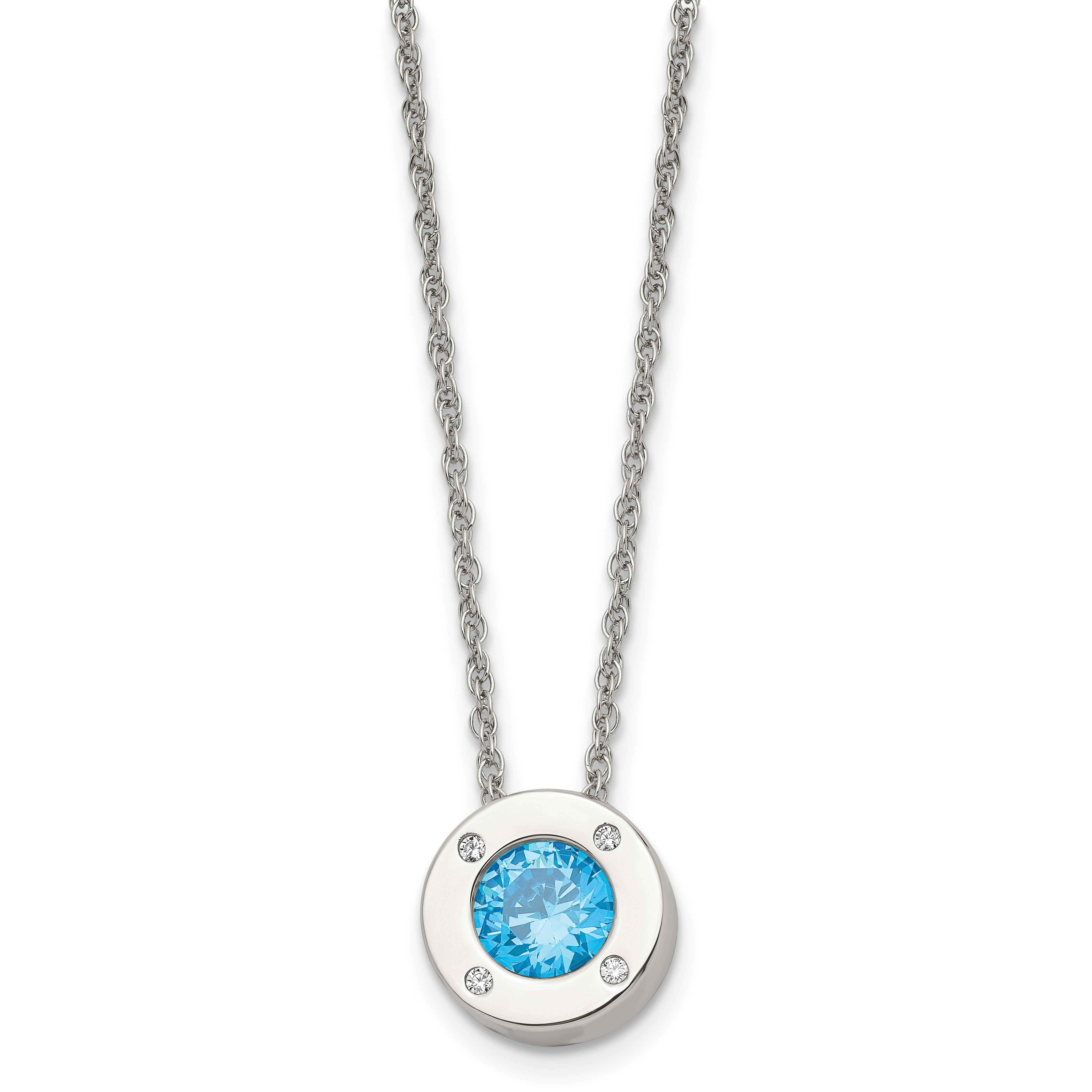 Chisel Stainless Steel Polished CZ March Birthstone Circle Pendant on a 20 inch Multi-Link Chain Necklace