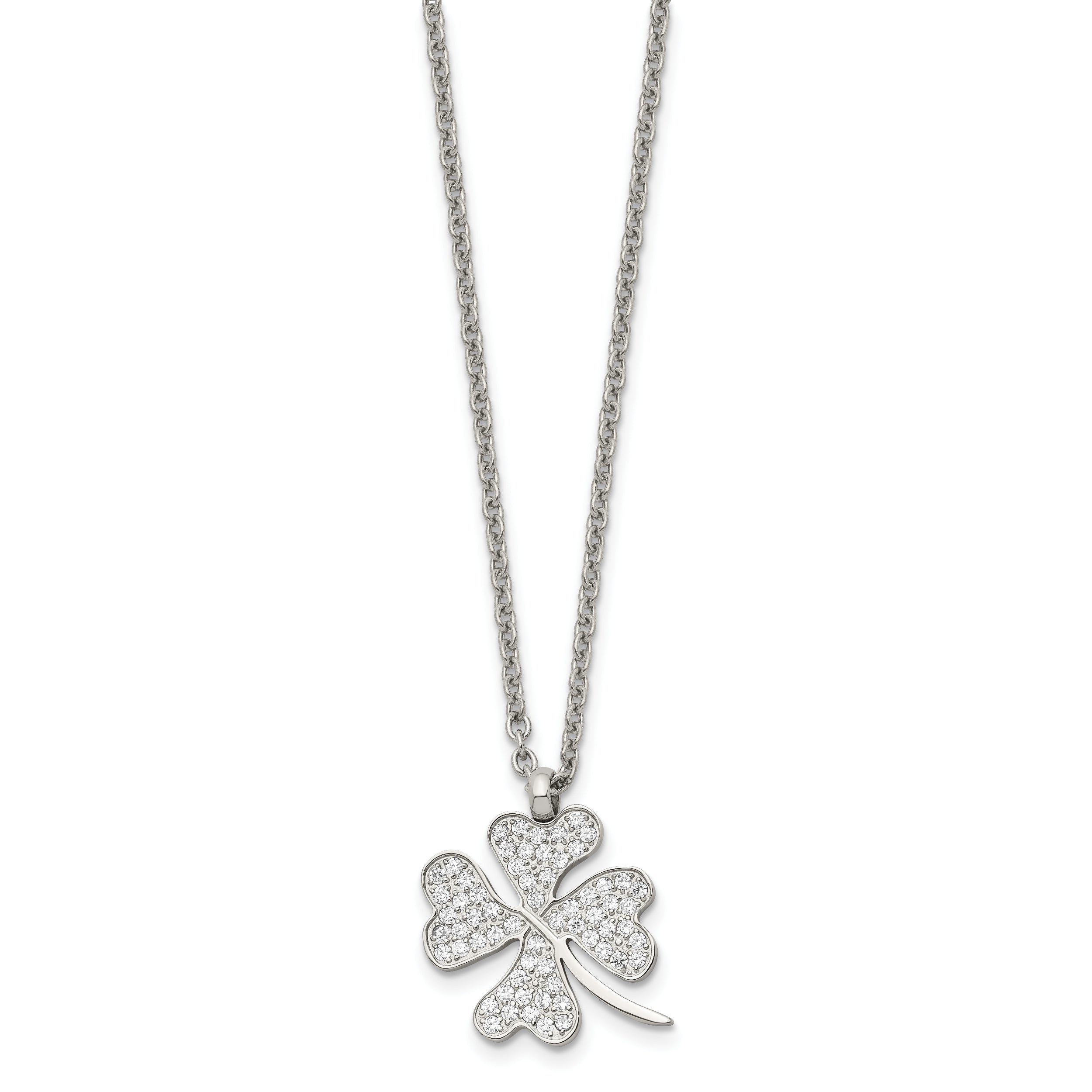 Chisel Stainless Steel Polished CZ Four Leaf Clover Pendant on a 22 inch Cable Chain Necklace