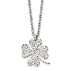 Chisel Stainless Steel Polished CZ Four Leaf Clover Pendant on a 22 inch Cable Chain Necklace