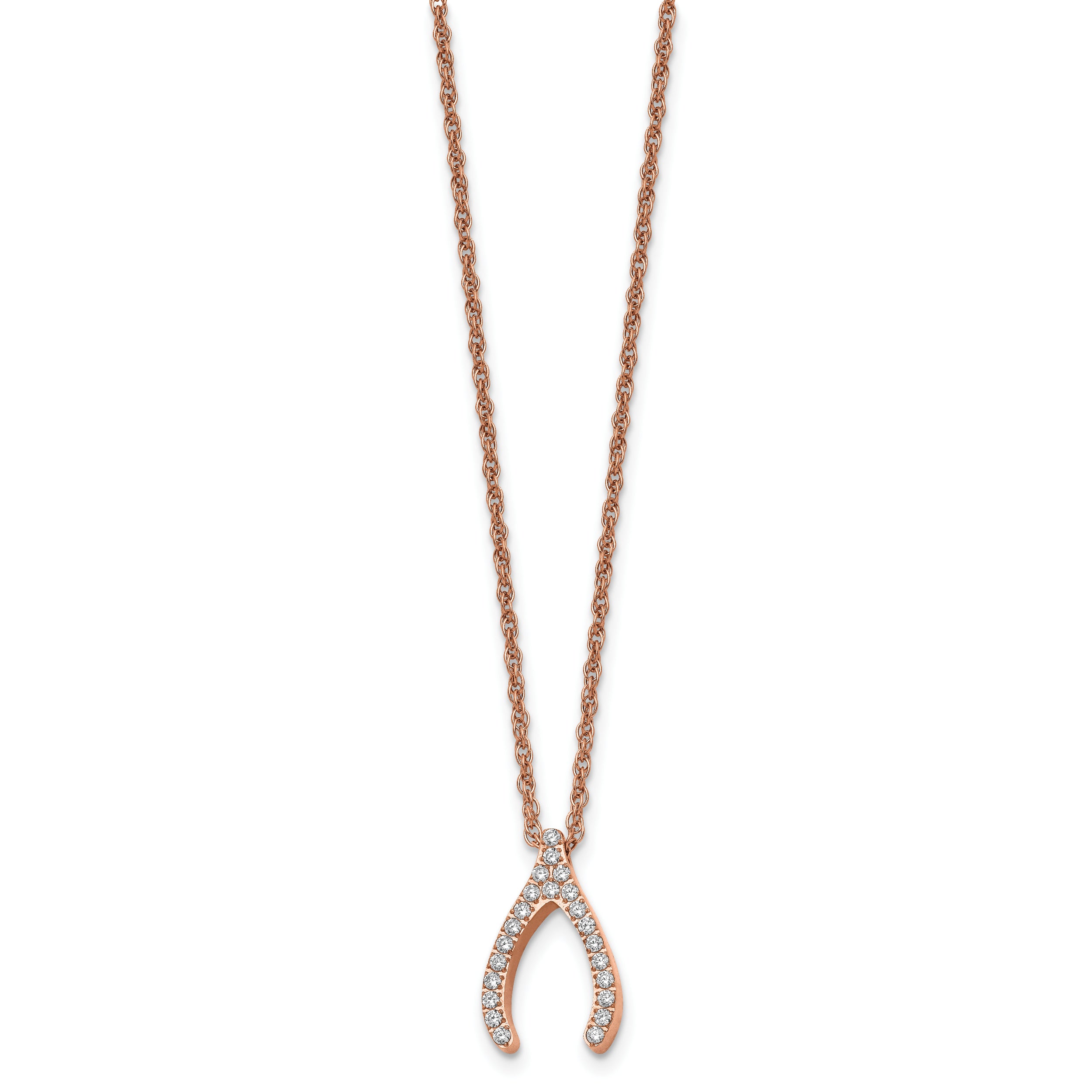 Stainless Steel Polished Rose IP-plated CZ Wishbone 16in Necklace