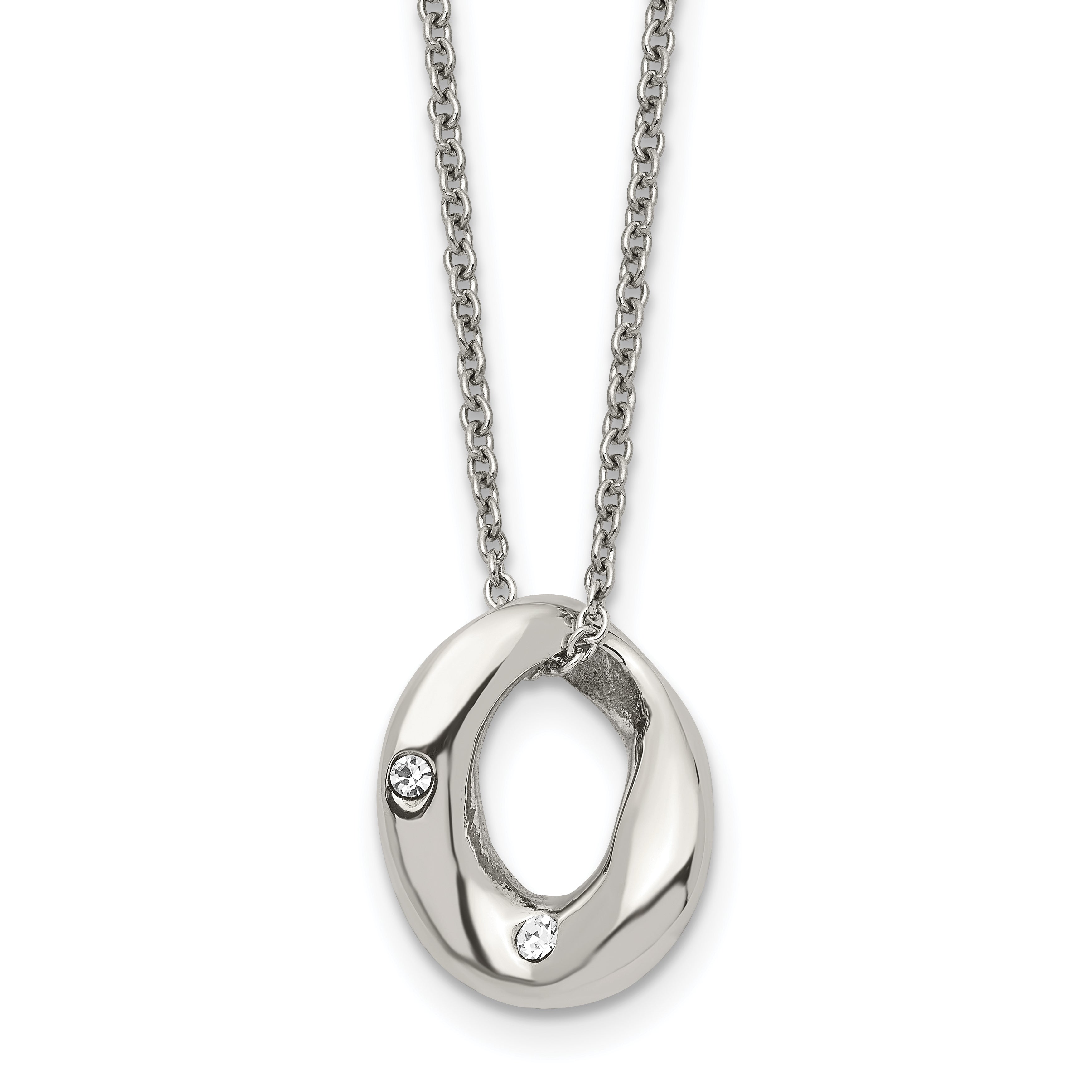 Stainless Steel Polished Wavy Circle w/Crystal 18in Necklace