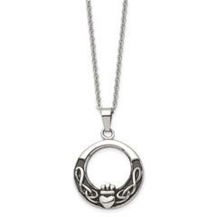 Chisel Stainless Steel Antiqued and Polished Claddagh Pendant on a 18 inch Cable Chain Necklace