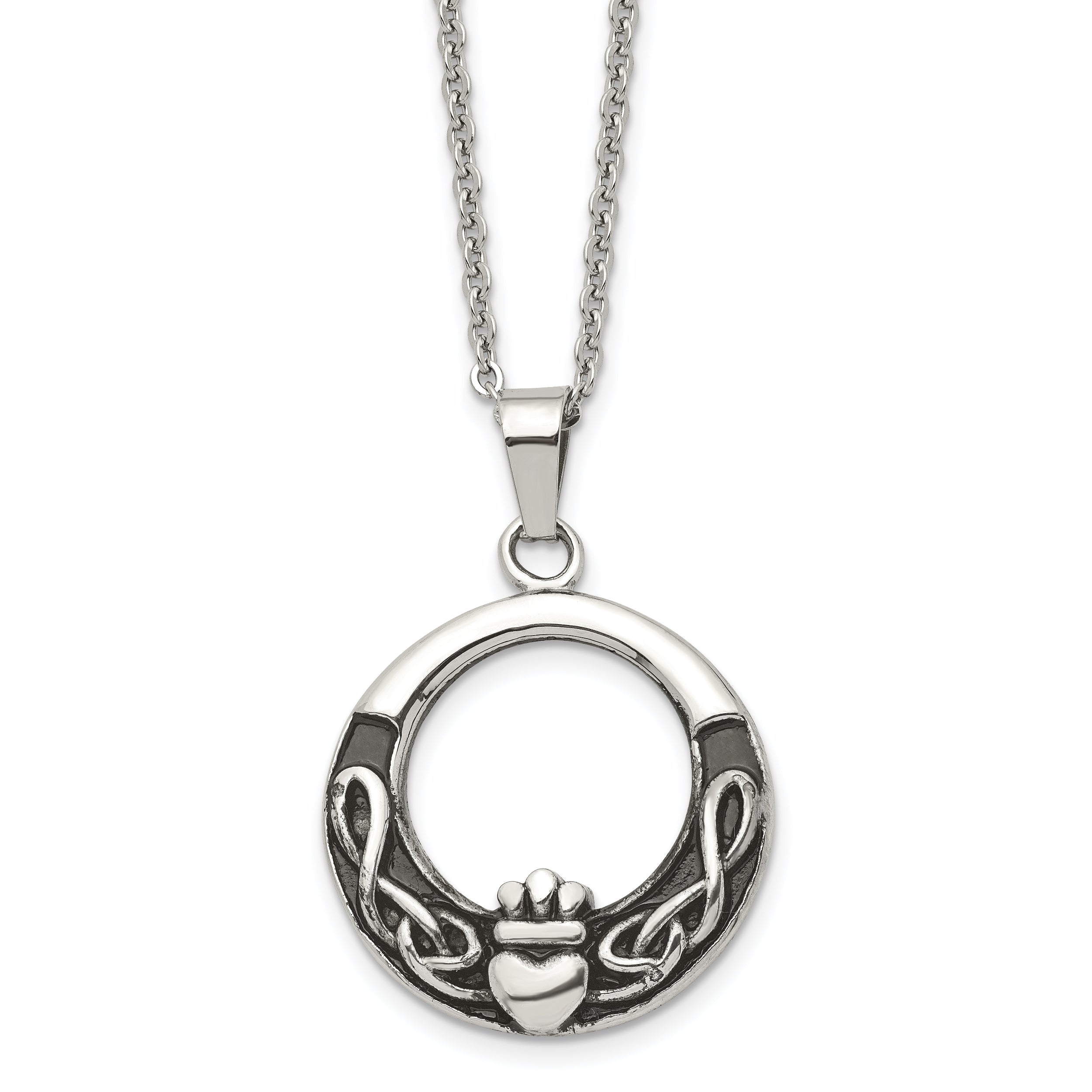 Chisel Stainless Steel Antiqued and Polished Claddagh Pendant on a 18 inch Cable Chain Necklace