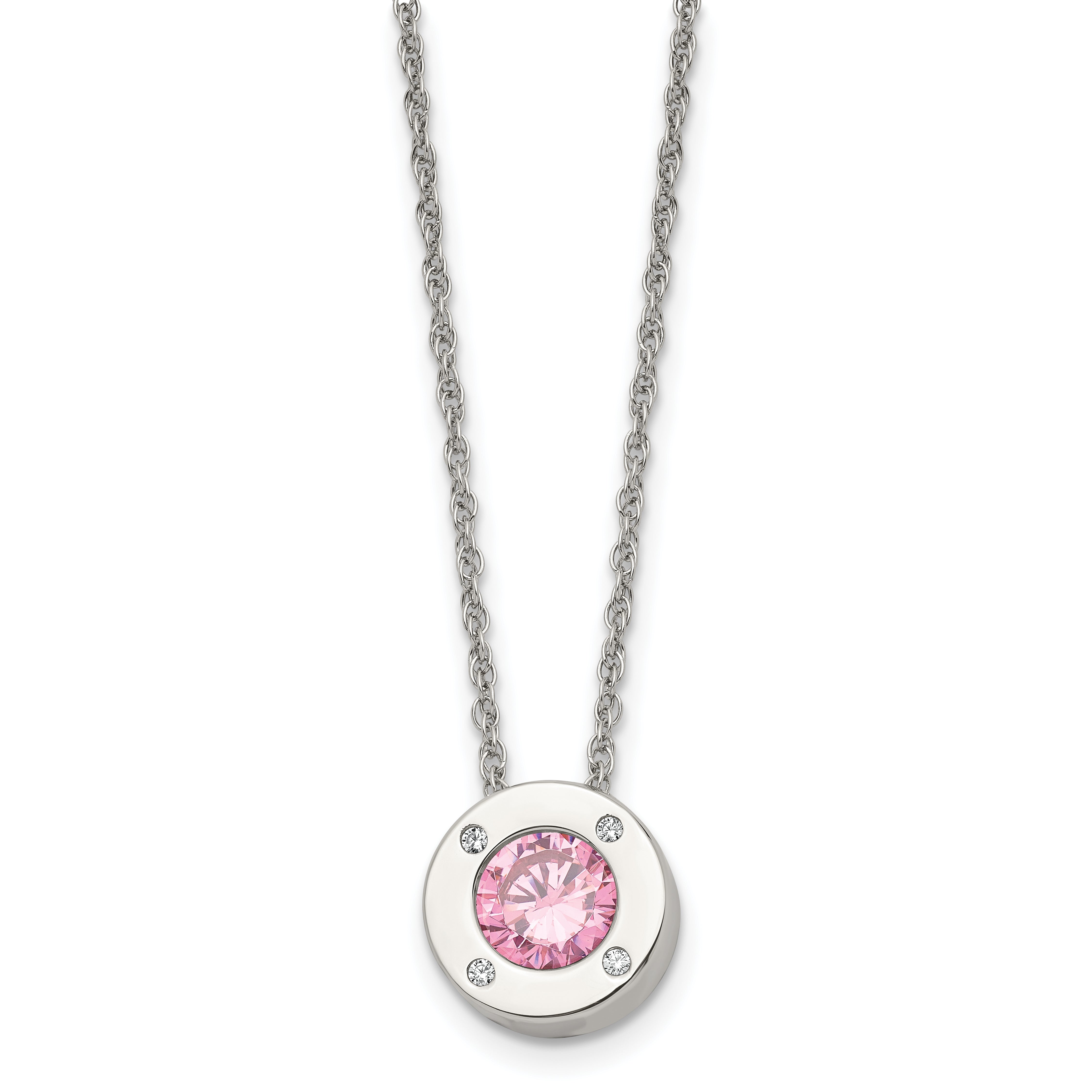 Chisel Stainless Steel Polished CZ October Birthstone Circle Pendant on a 20 inch Multi-Link Chain Necklace