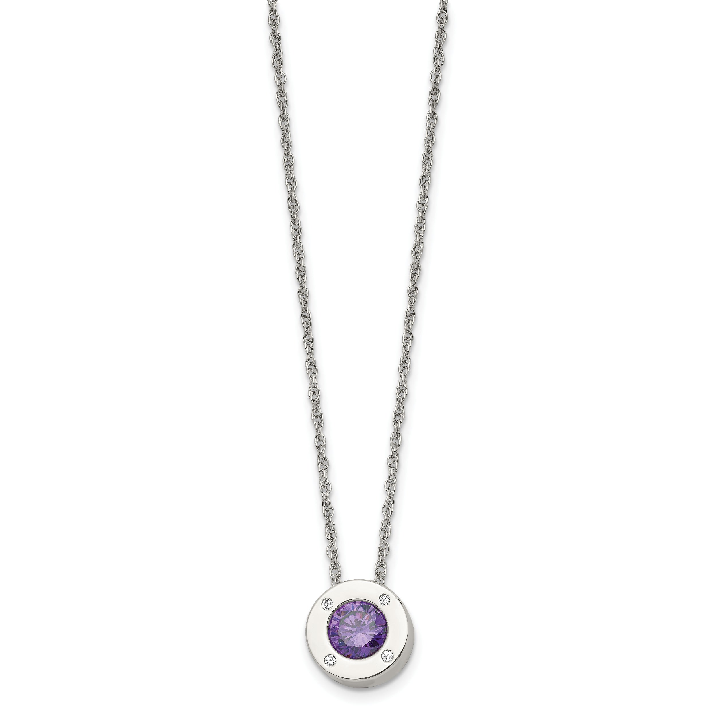 Chisel Stainless Steel Polished CZ February Birthstone Circle Pendant on a 20 inch Multi-Link Chain Necklace