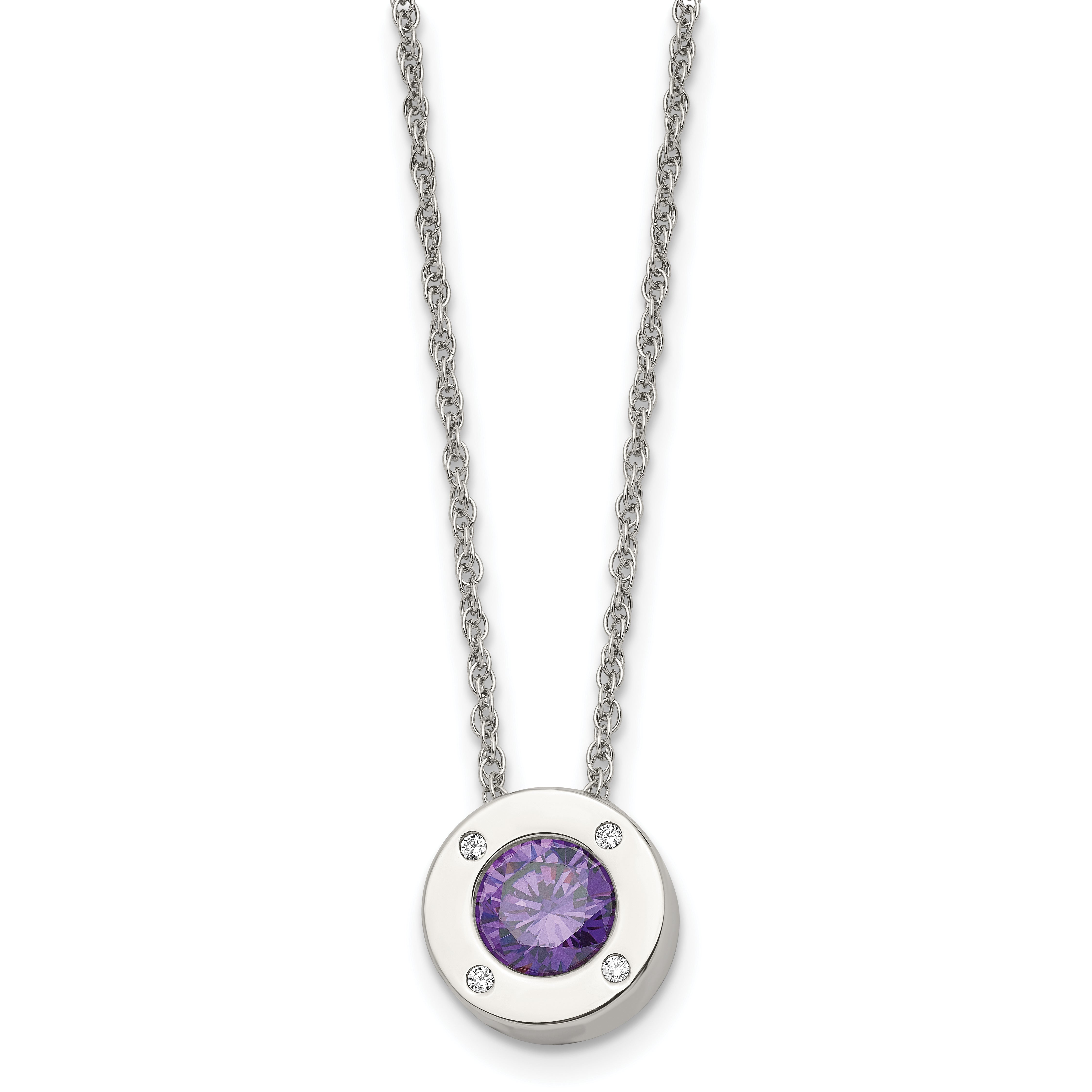 Chisel Stainless Steel Polished CZ February Birthstone Circle Pendant on a 20 inch Multi-Link Chain Necklace