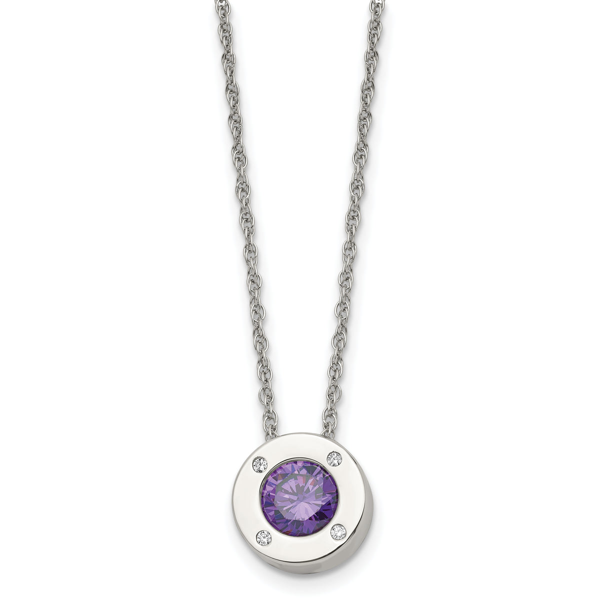 Chisel Stainless Steel Polished CZ February Birthstone Circle Pendant on a 20 inch Multi-Link Chain Necklace