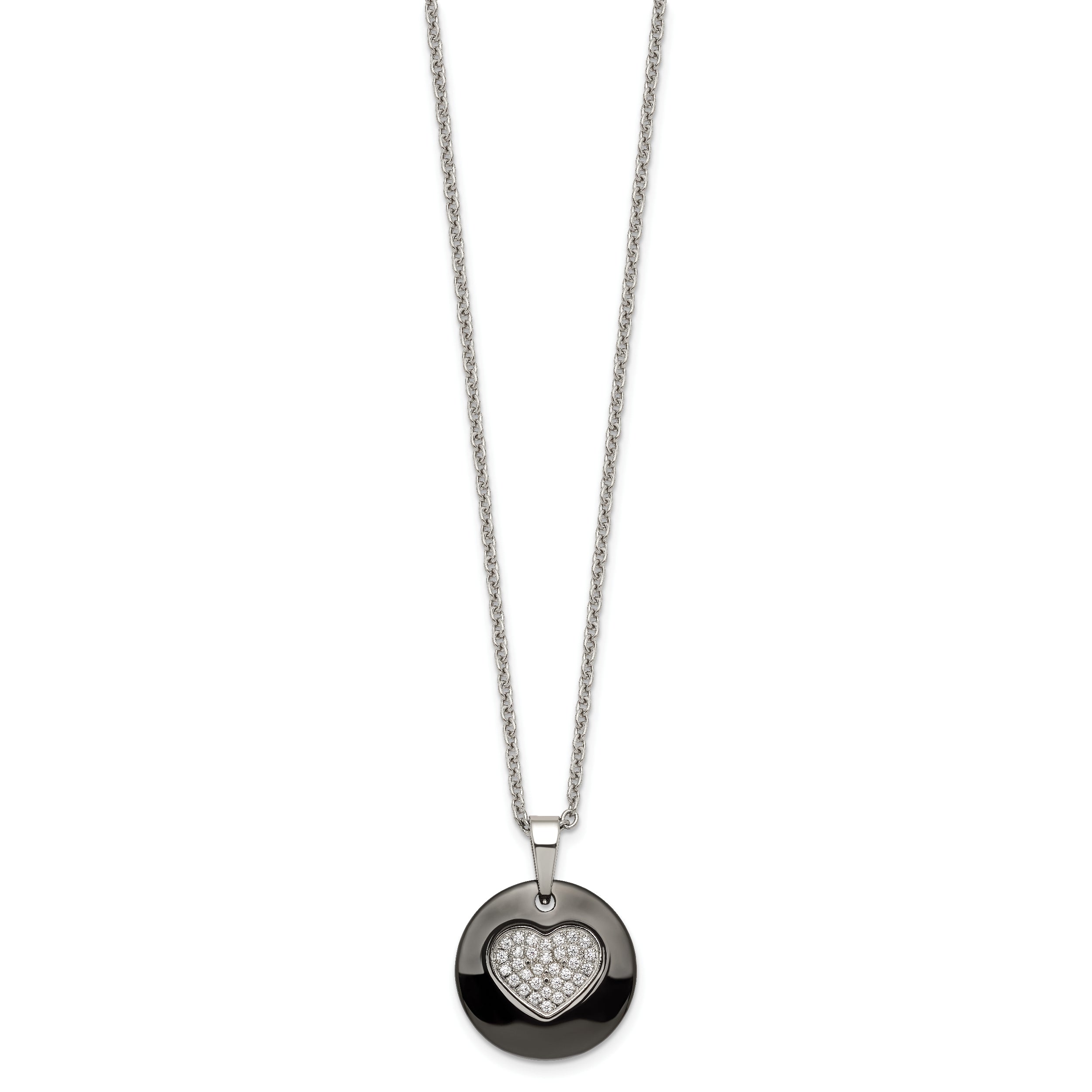 Stainless Steel Polished Black Ceramic w/CZ Heart 22in Necklace