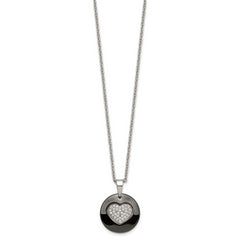 Stainless Steel Polished Black Ceramic w/CZ Heart 22in Necklace