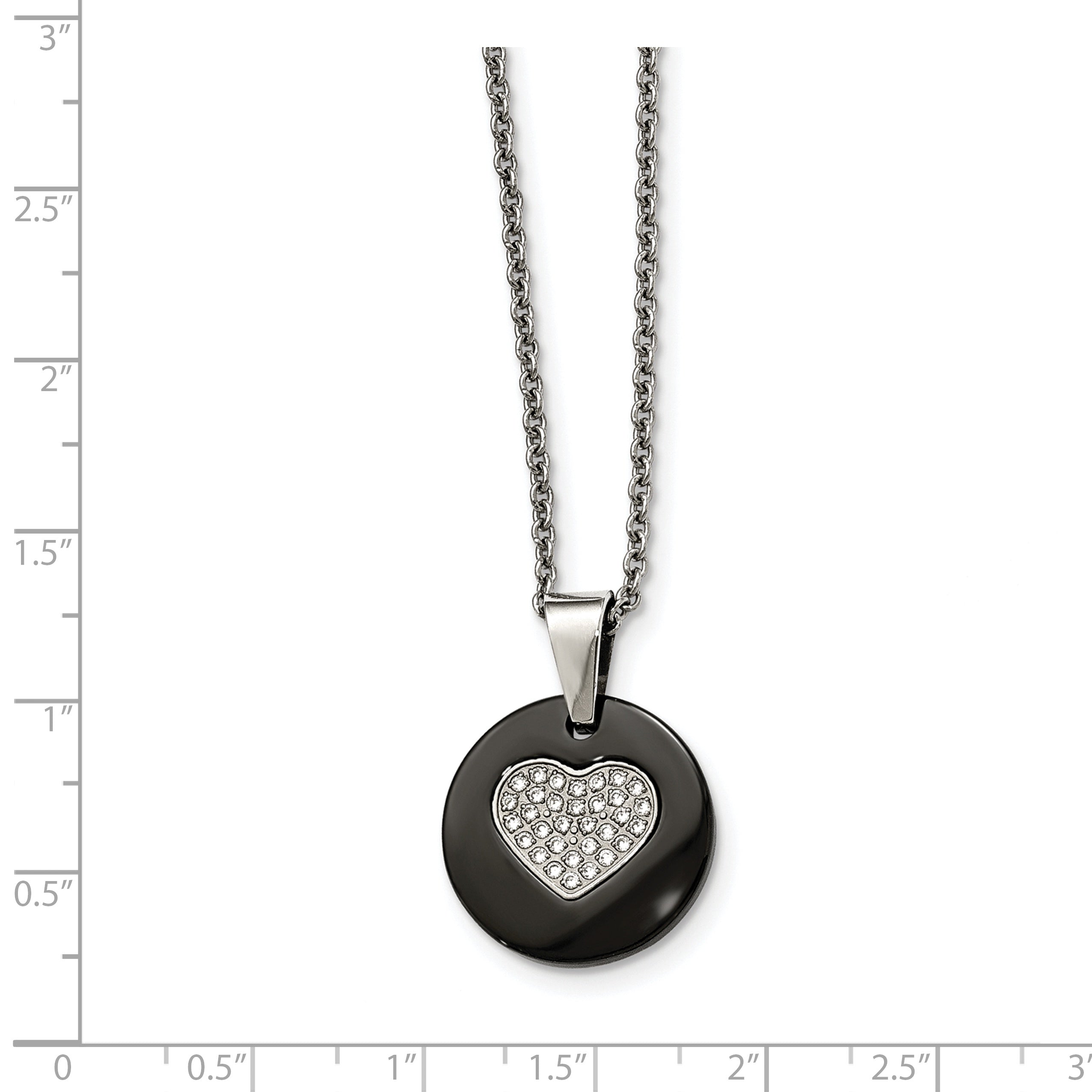 Stainless Steel Polished Black Ceramic w/CZ Heart 22in Necklace