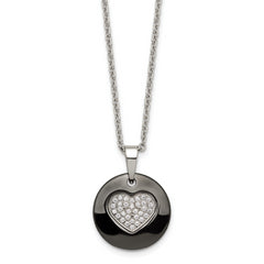 Stainless Steel Polished Black Ceramic w/CZ Heart 22in Necklace