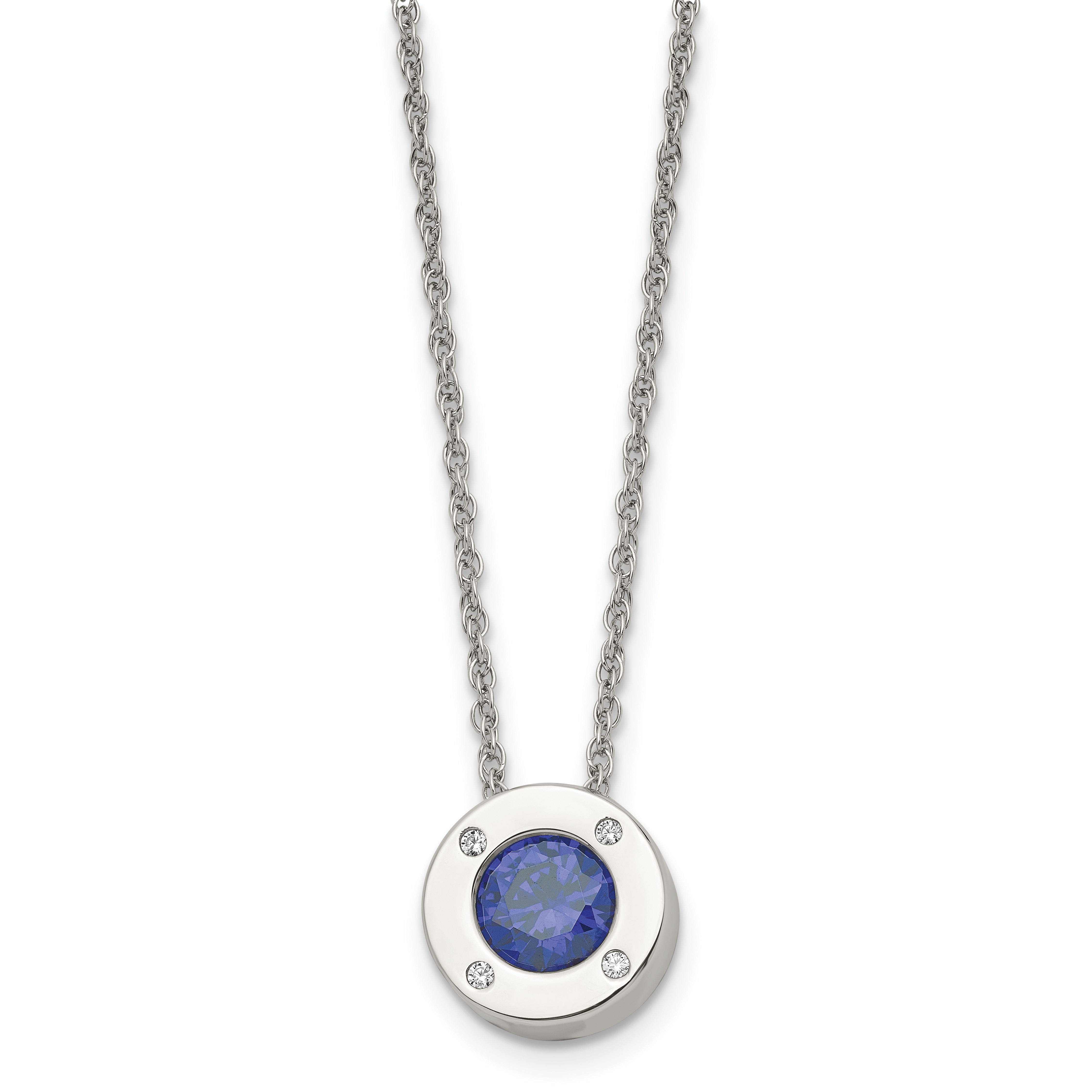 Chisel Stainless Steel Polished CZ September Birthstone Circle Pendant on a 20 inch Multi-Link Chain Necklace