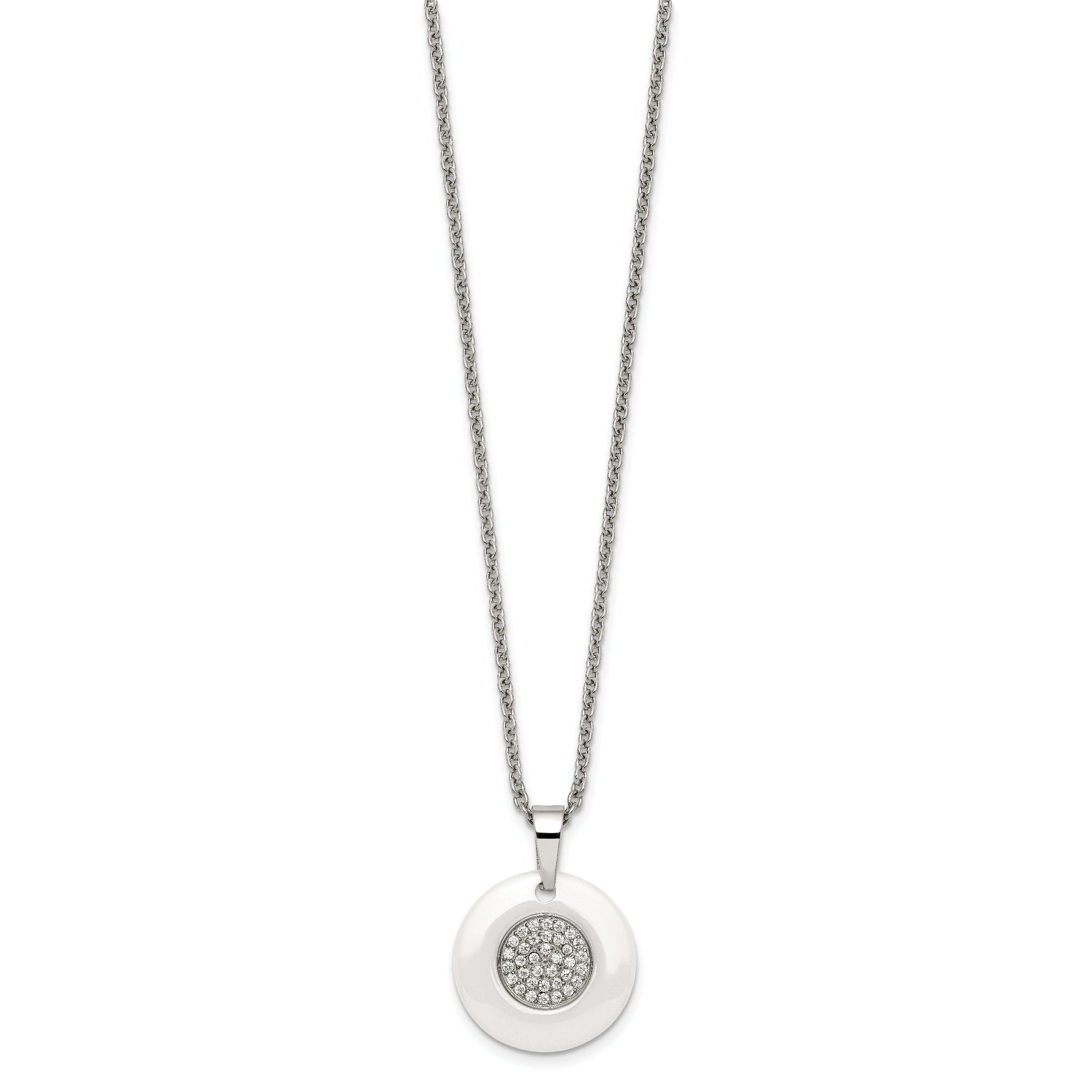 Stainless Steel Polished White Ceramic w/CZ Circle 22in Necklace