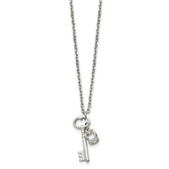 Stainless Steel Polished Key and Crown 15.5in w/2in ext Necklace