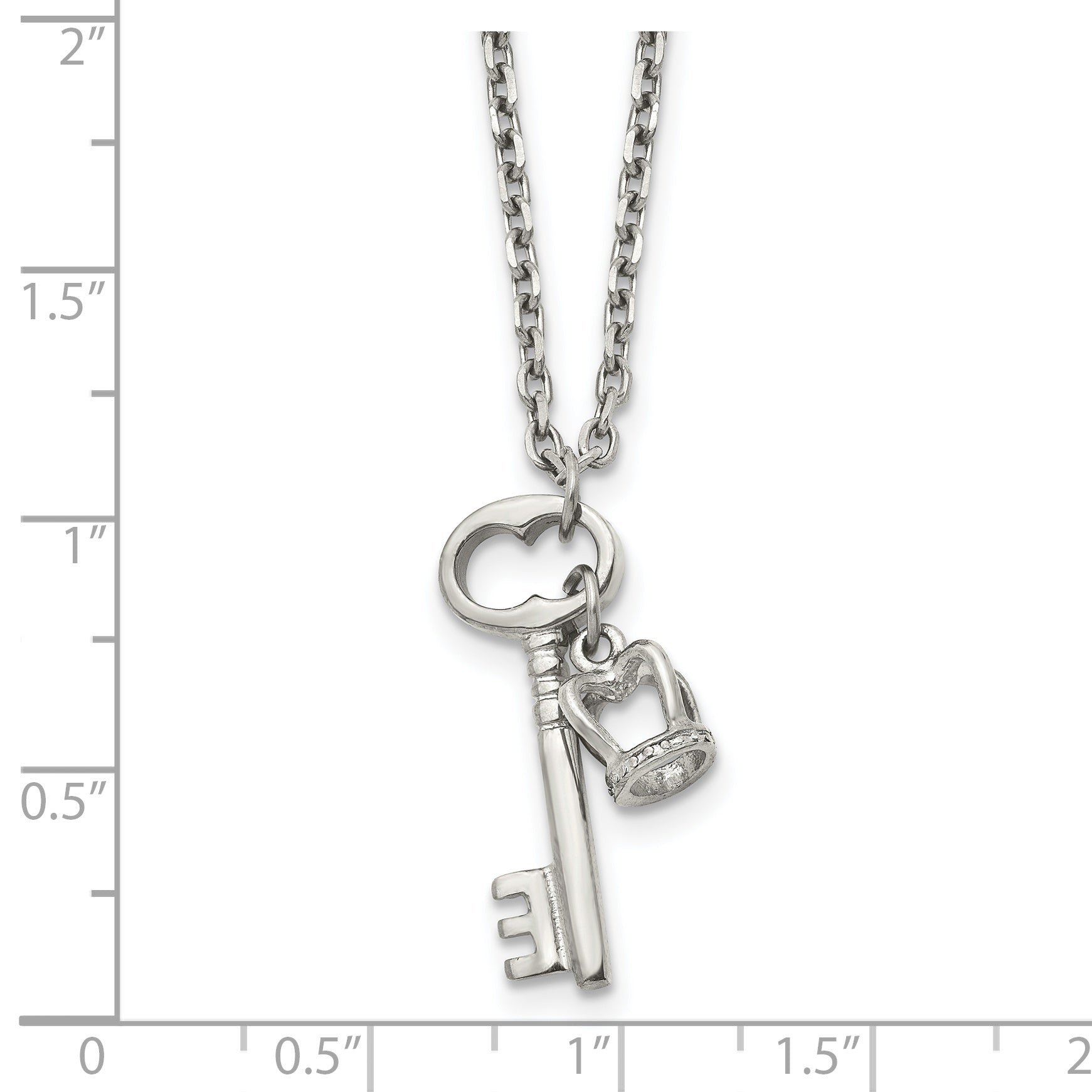 Stainless Steel Polished Key and Crown 15.5in w/2in ext Necklace