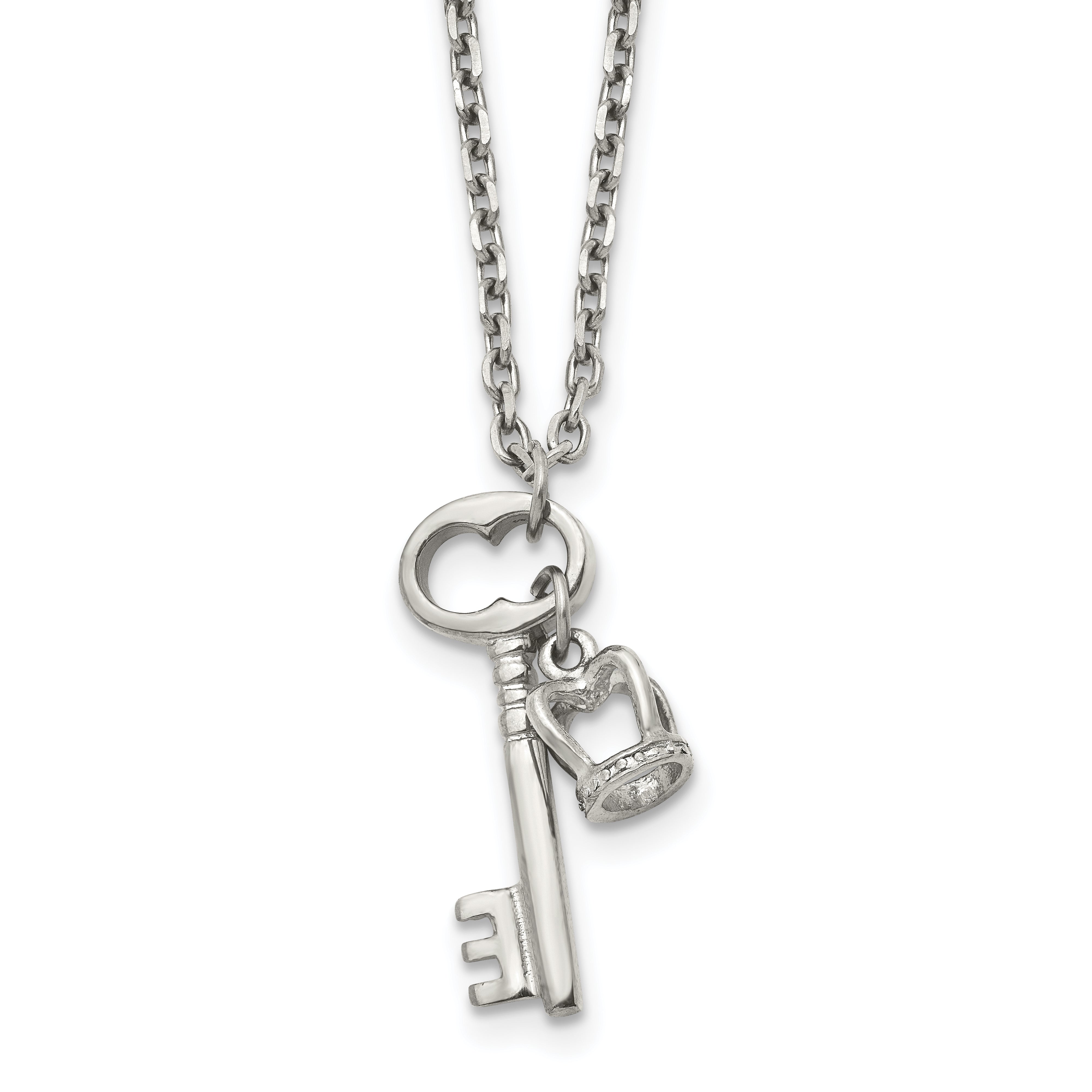 Stainless Steel Polished Key and Crown 15.5in w/2in ext Necklace