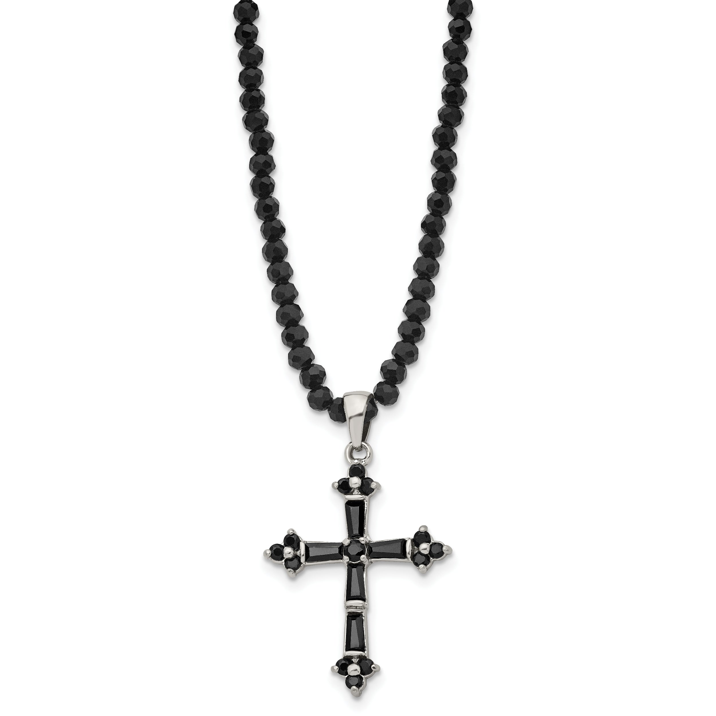 Stainless Steel Polished w/Black CZ & Black Glass Beads Cross Necklace