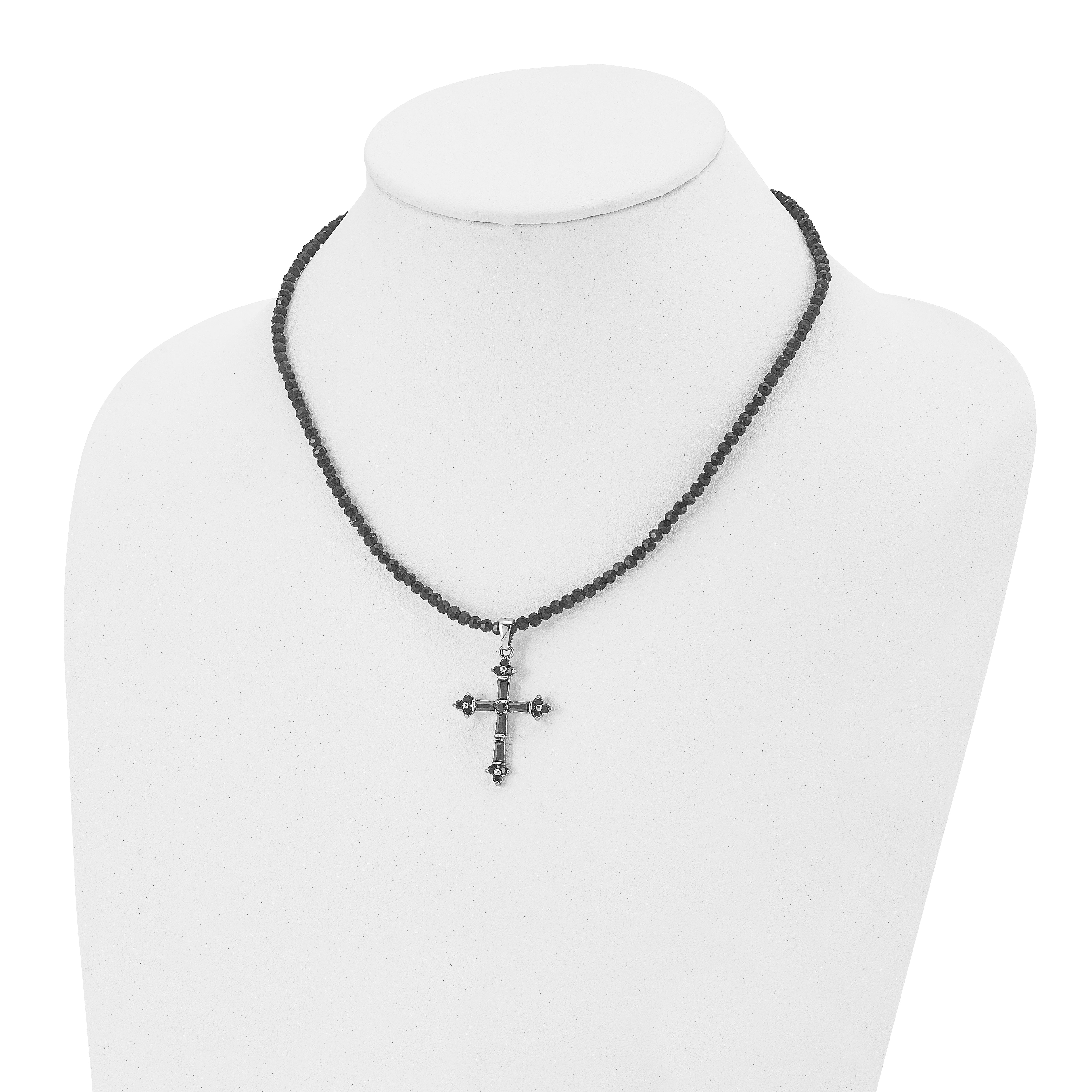 Stainless Steel Polished w/Black CZ & Black Glass Beads Cross Necklace