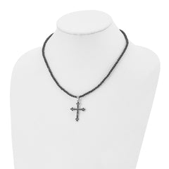 Stainless Steel Polished w/Black CZ & Black Glass Beads Cross Necklace