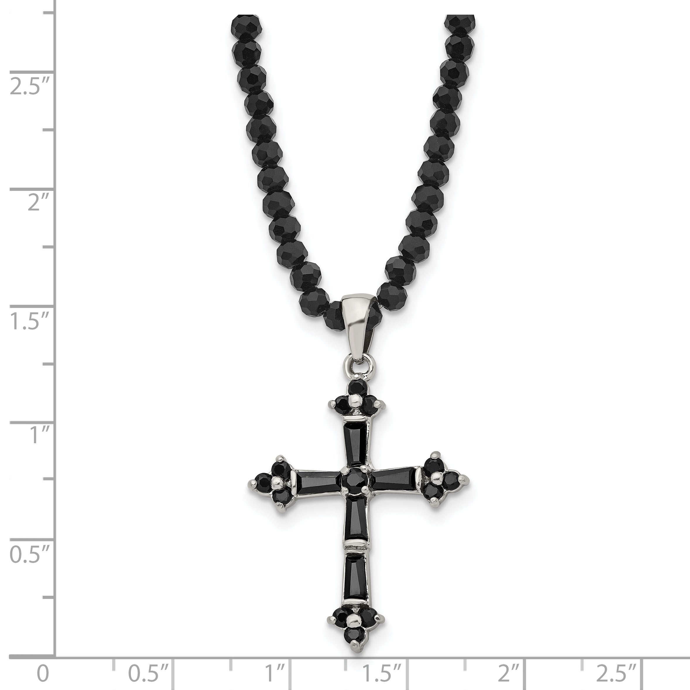 Stainless Steel Polished w/Black CZ & Black Glass Beads Cross Necklace