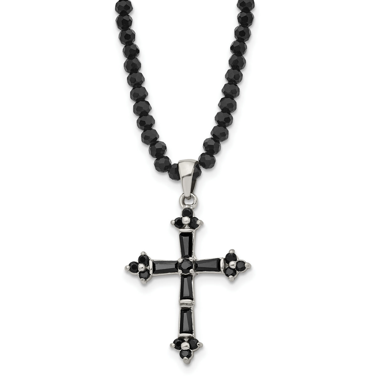 Stainless Steel Polished w/Black CZ & Black Glass Beads Cross Necklace