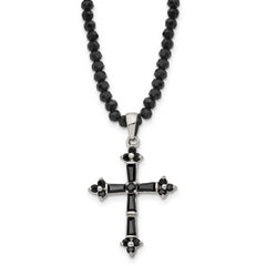 Stainless Steel Polished w/Black CZ & Black Glass Beads Cross Necklace