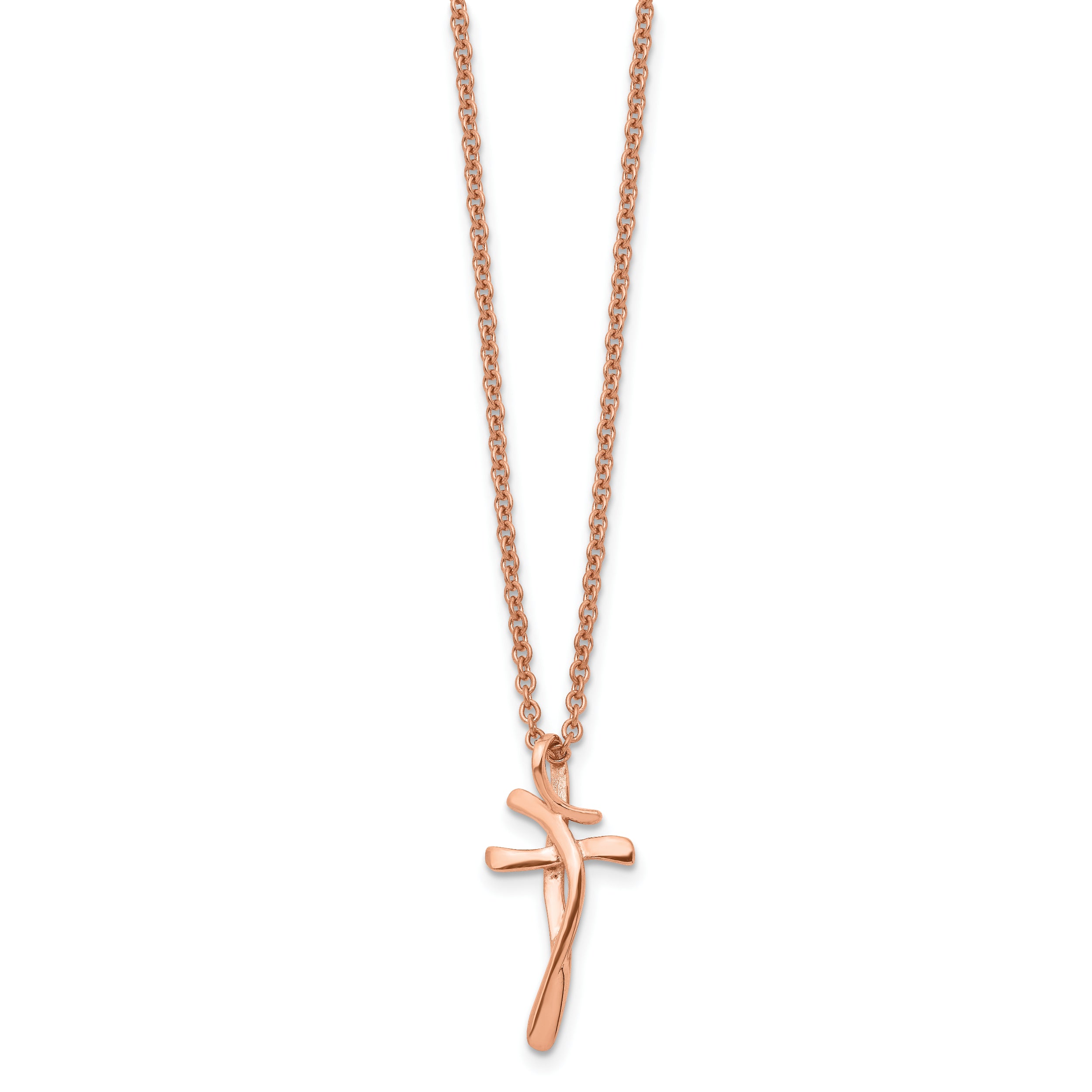 Chisel Stainless Steel Polished Rose IP-plated Twisted Cross Pendant on an 18.25 inch Cable Chain Necklace