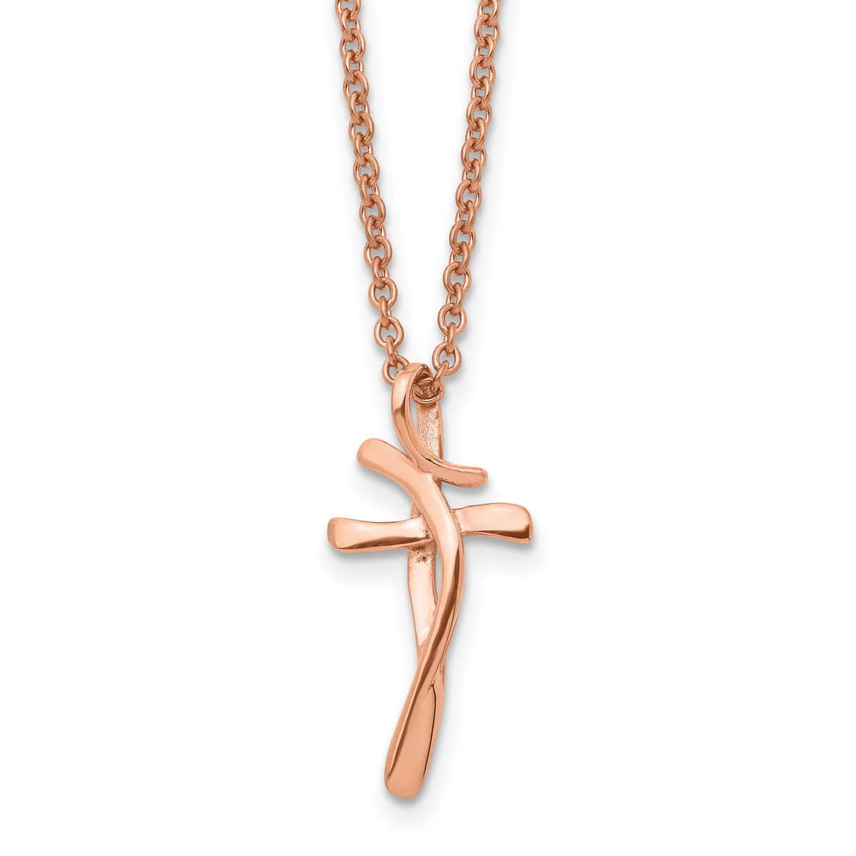 Chisel Stainless Steel Polished Rose IP-plated Twisted Cross Pendant on an 18.25 inch Cable Chain Necklace