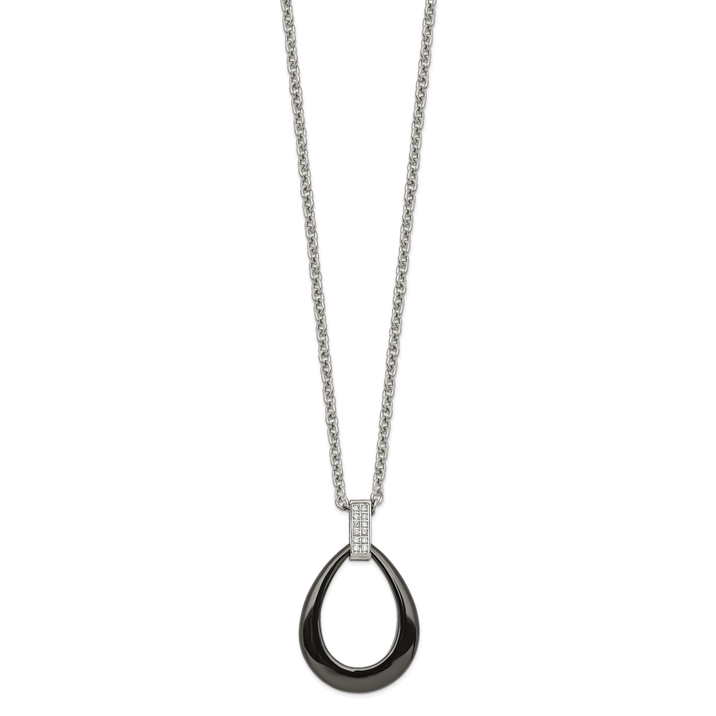 Stainless Steel Polished Black Ceramic Teardrop w/CZ 22in Necklace