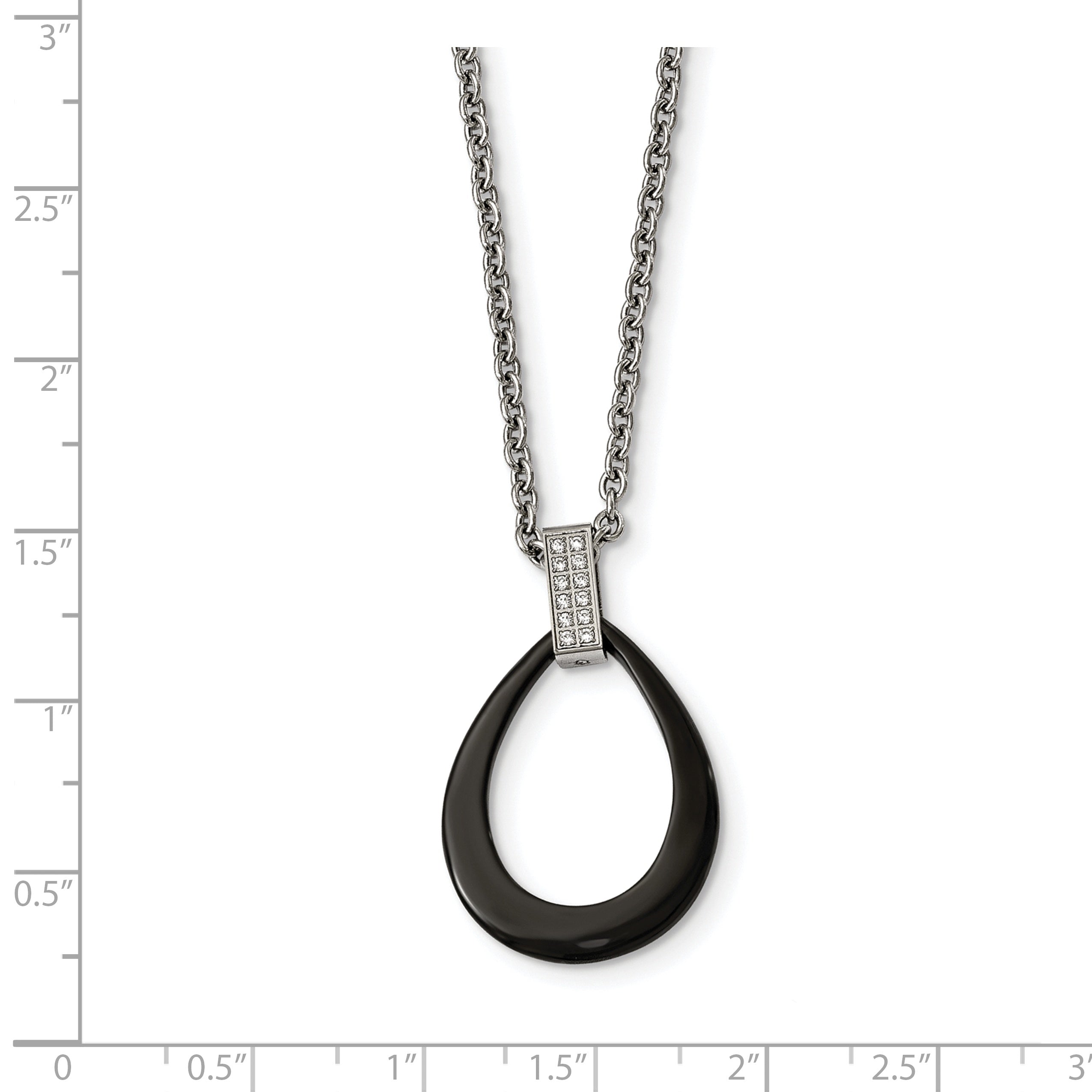 Stainless Steel Polished Black Ceramic Teardrop w/CZ 22in Necklace