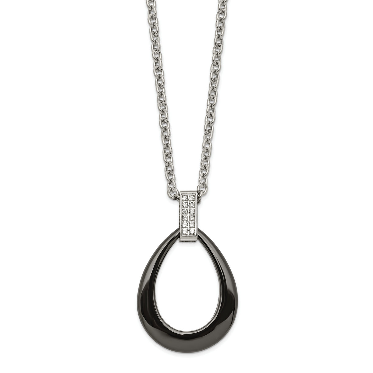 Stainless Steel Polished Black Ceramic Teardrop w/CZ 22in Necklace