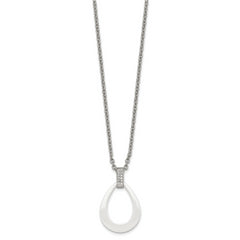 Stainless Steel Polished White Ceramic Teardrop w/CZ 22in Necklace