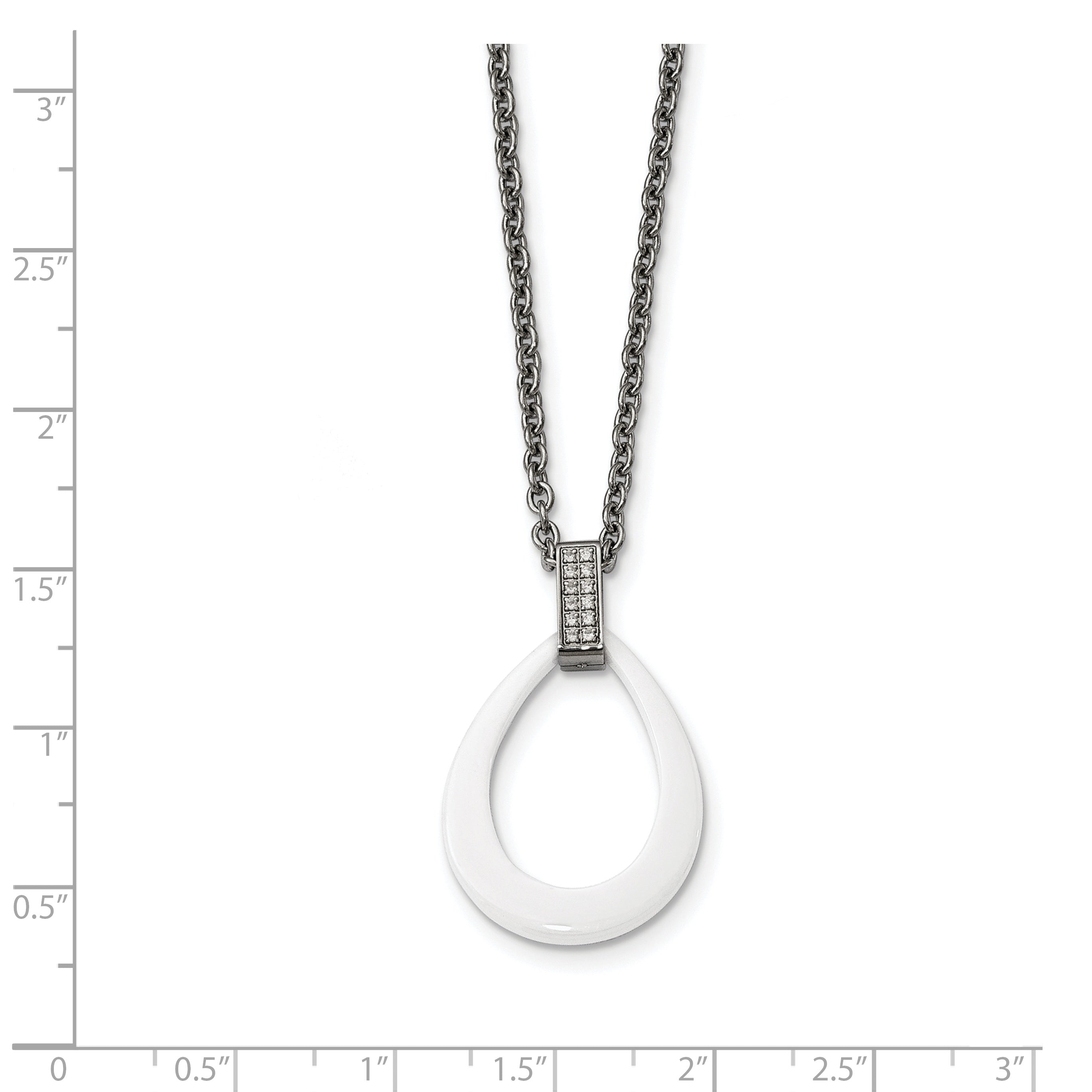 Stainless Steel Polished White Ceramic Teardrop w/CZ 22in Necklace