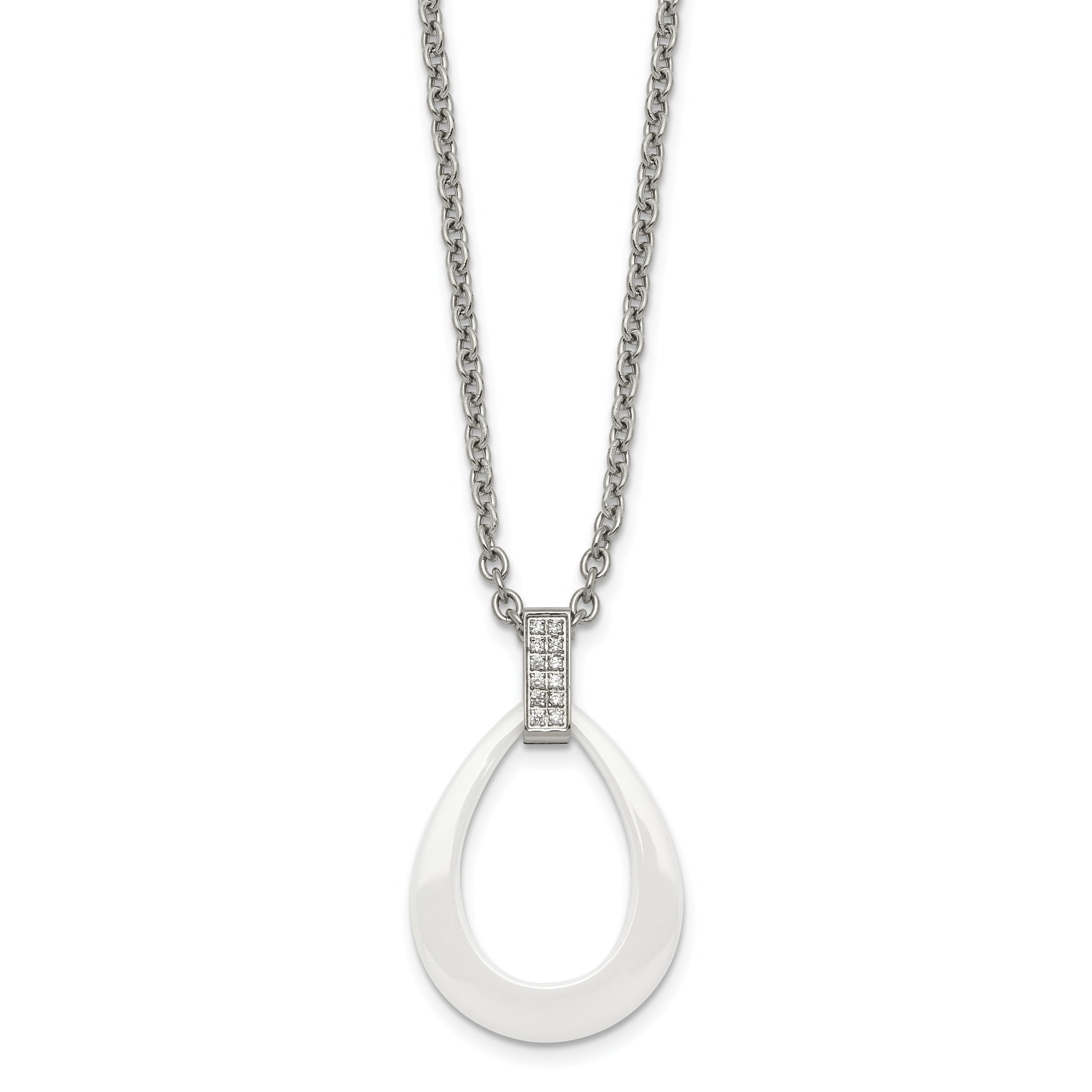 Stainless Steel Polished White Ceramic Teardrop w/CZ 22in Necklace