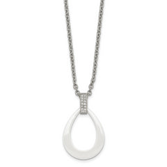 Stainless Steel Polished White Ceramic Teardrop w/CZ 22in Necklace