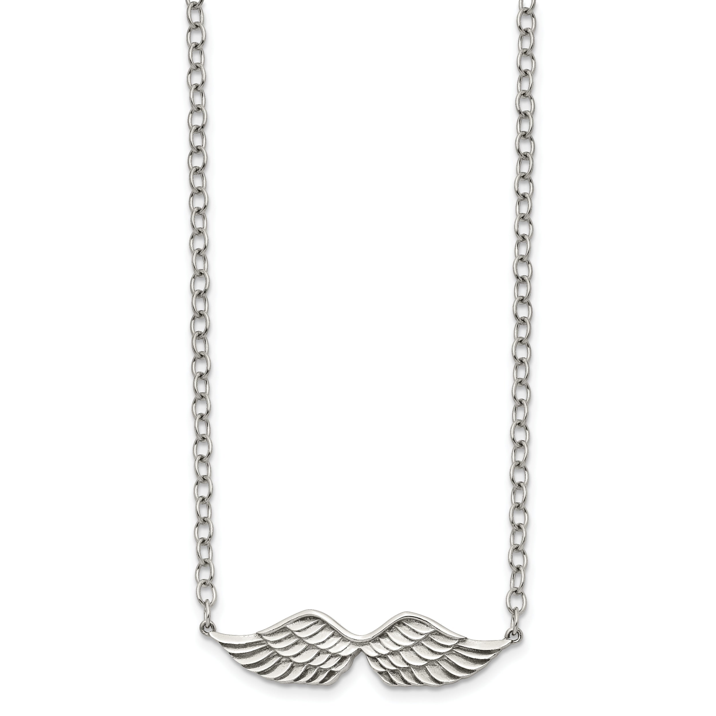 Stainless Steel Polished and Textured Angel Wings 16in w/2in ext Necklace