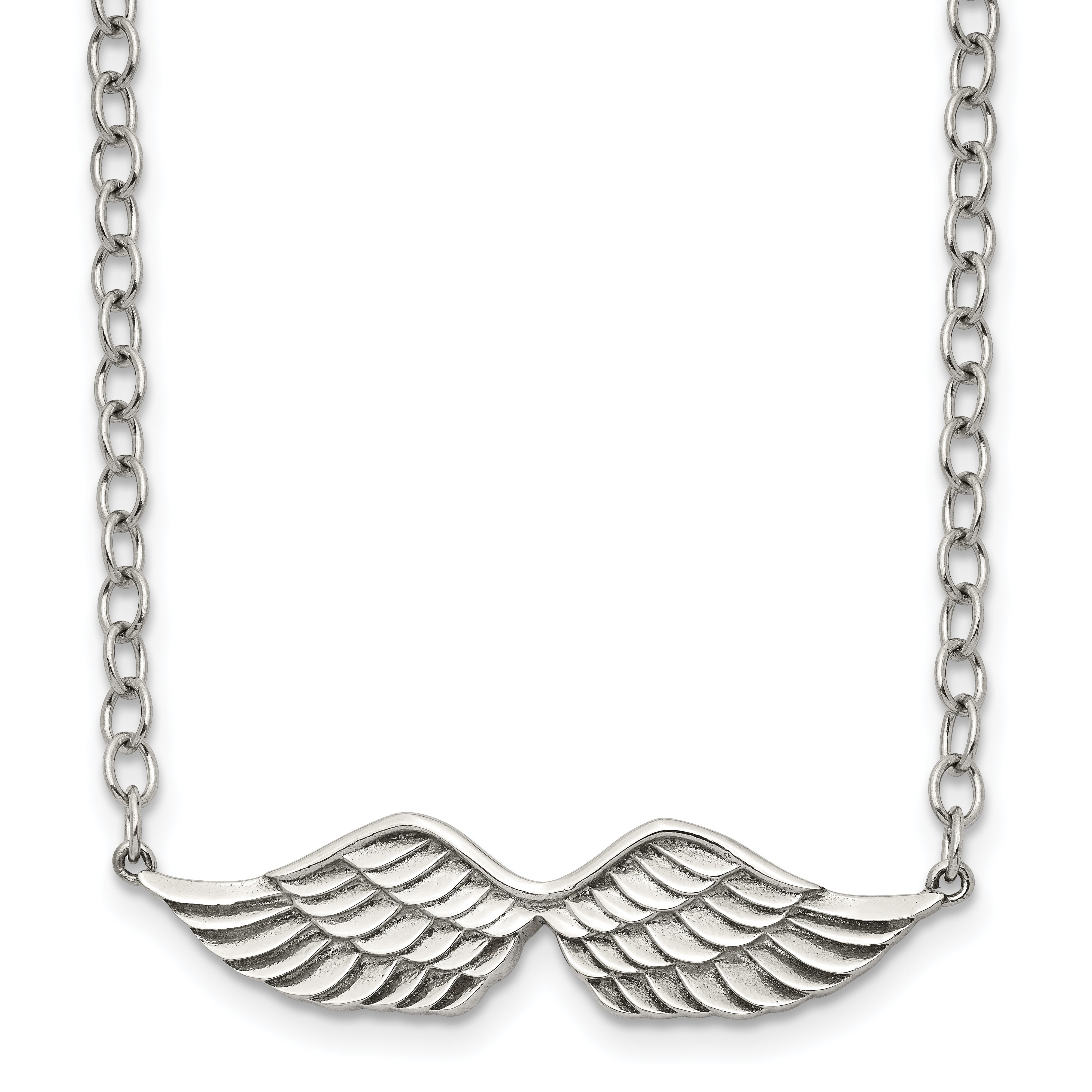 Stainless Steel Polished and Textured Angel Wings 16in w/2in ext Necklace