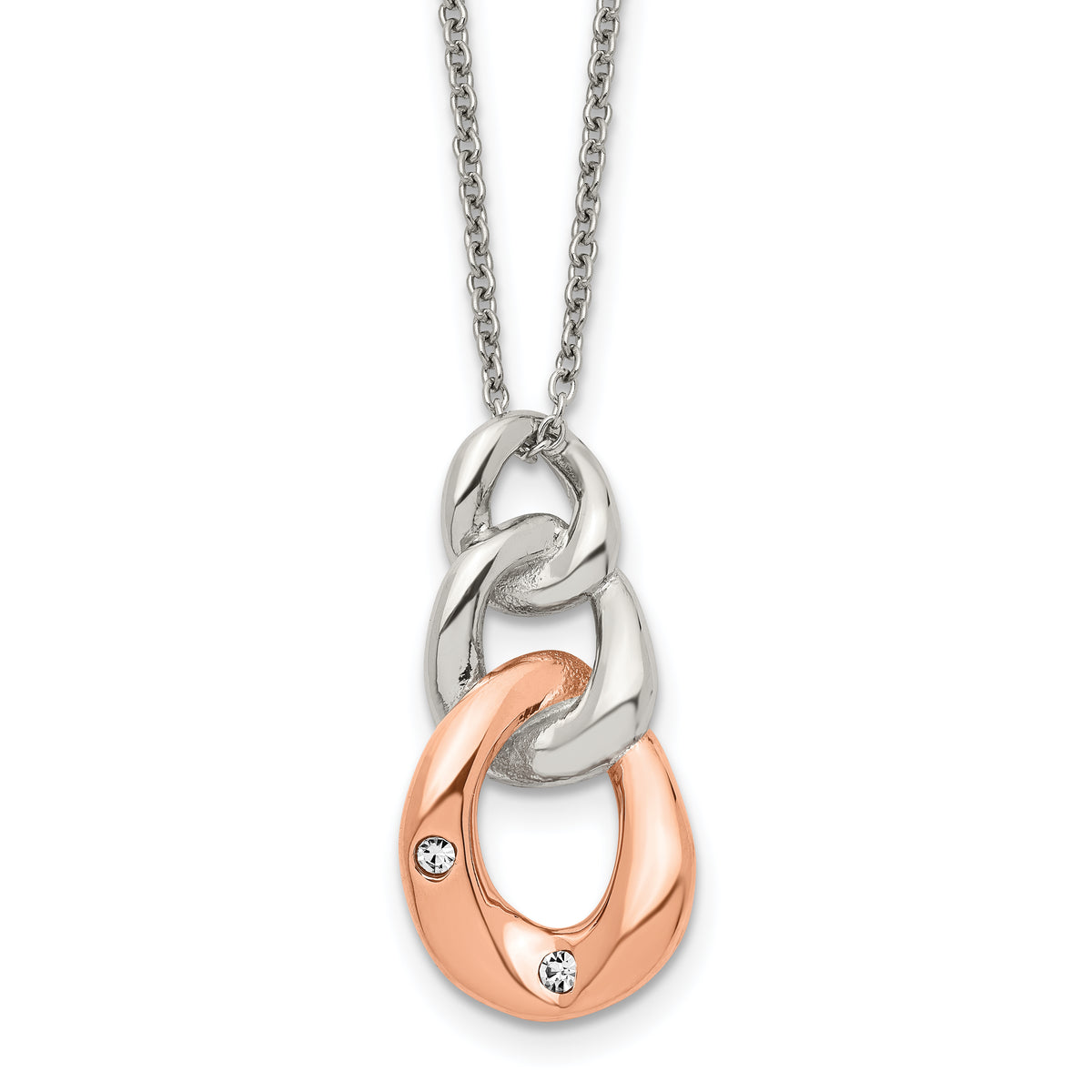 Stainless Steel Polished Rose IP-plated w/Crystal Three Loop 18in Necklace