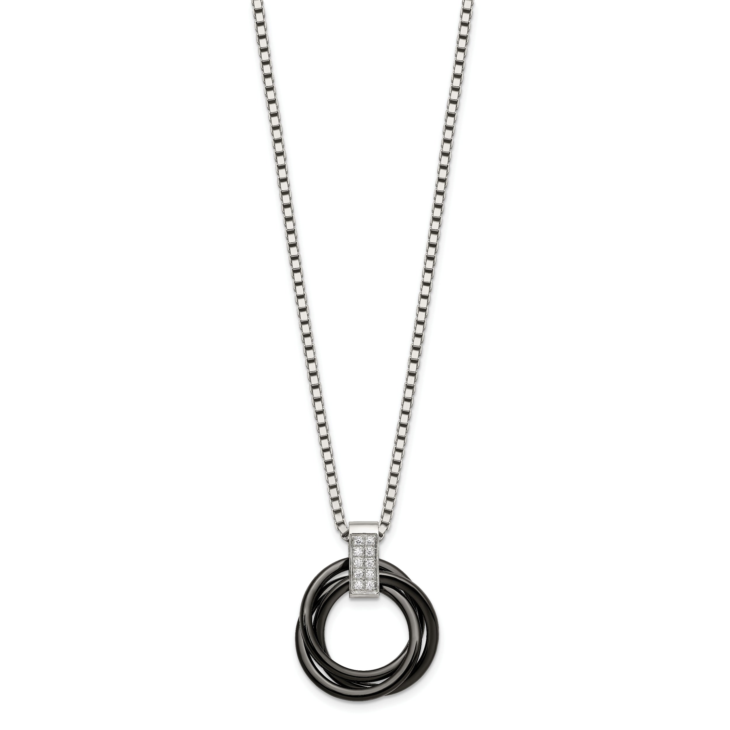 Stainless Steel Polished Black Ceramic Multi Circles w/CZ 22in Necklace