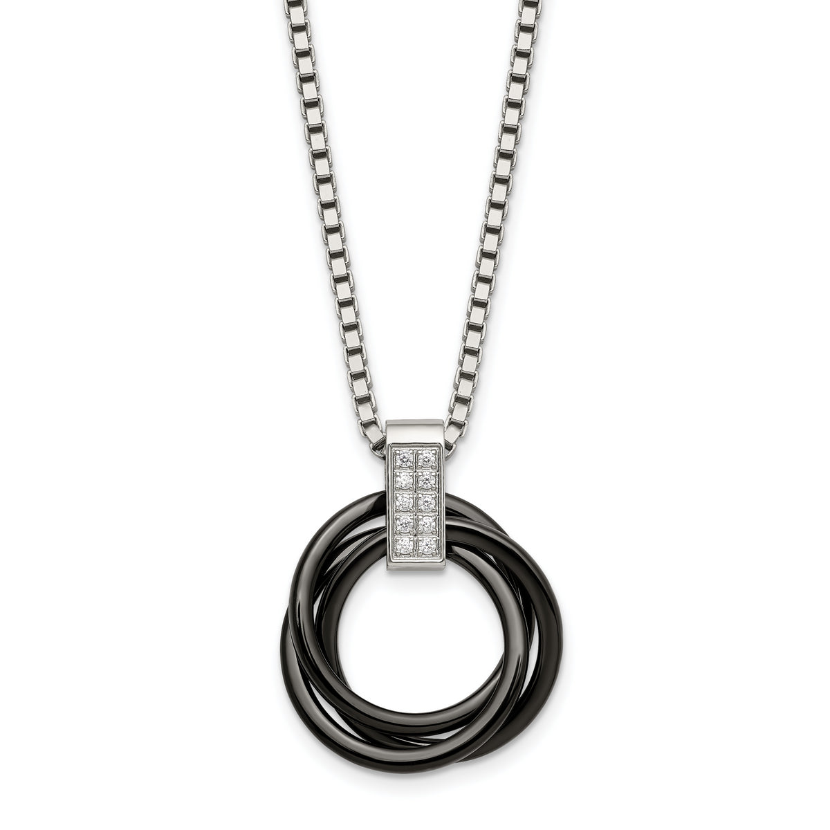 Stainless Steel Polished Black Ceramic Multi Circles w/CZ 22in Necklace