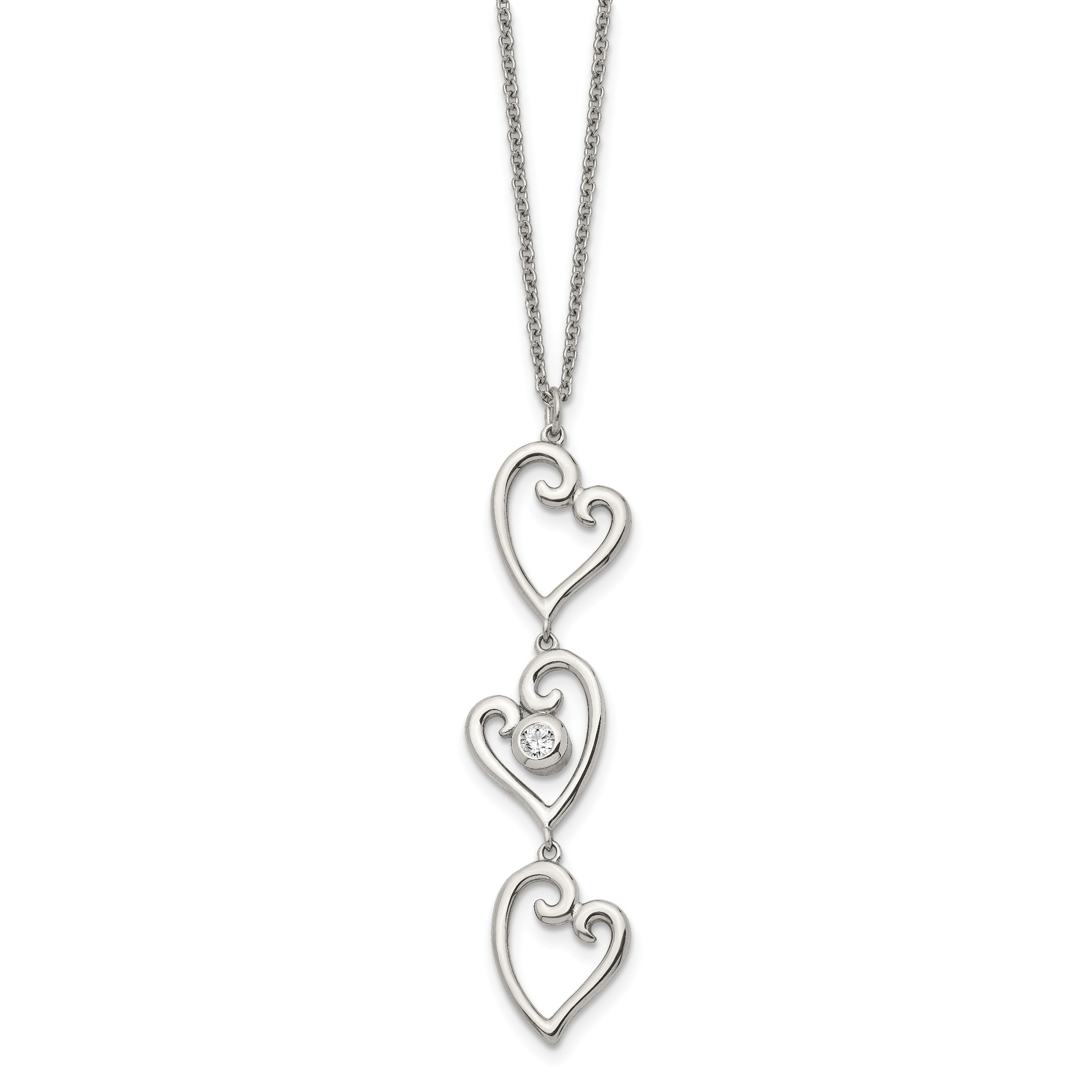 Stainless Steel Polished w/CZ Dangle Hearts 16in w/2in ext Necklace