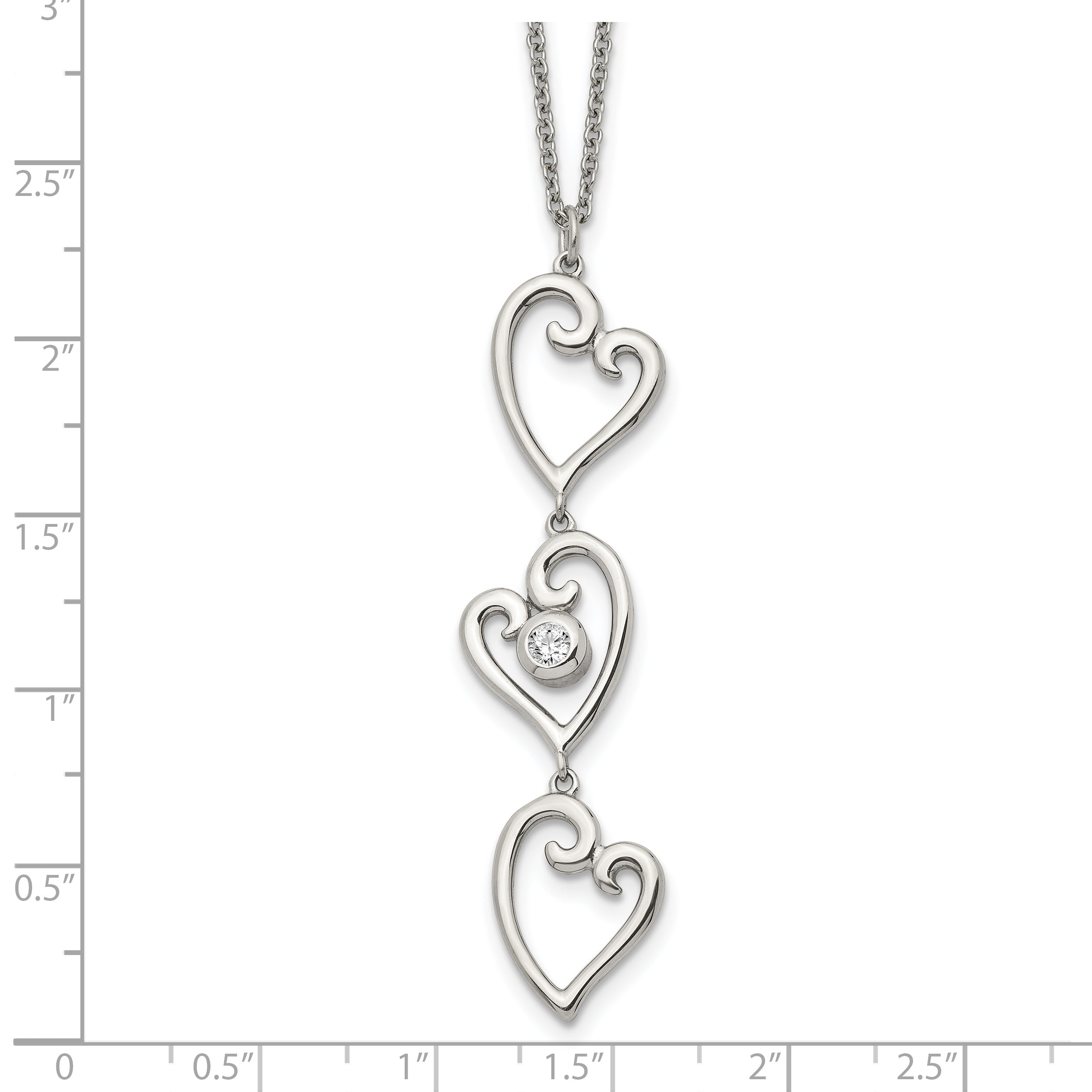 Stainless Steel Polished w/CZ Dangle Hearts 16in w/2in ext Necklace