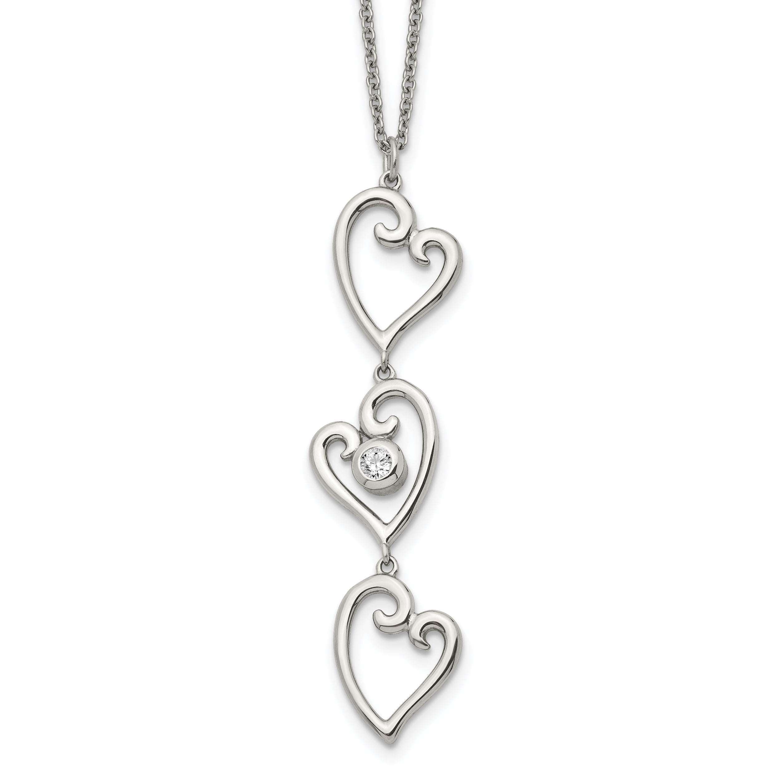 Stainless Steel Polished w/CZ Dangle Hearts 16in w/2in ext Necklace