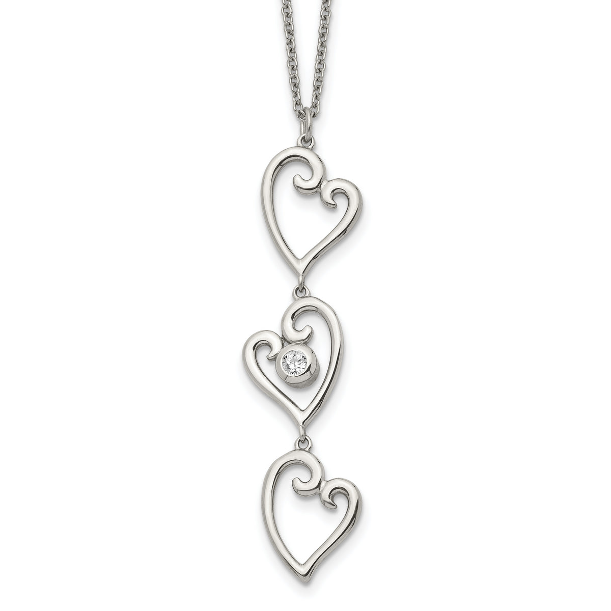 Stainless Steel Polished w/CZ Dangle Hearts 16in w/2in ext Necklace