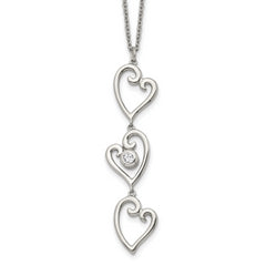 Stainless Steel Polished w/CZ Dangle Hearts 16in w/2in ext Necklace