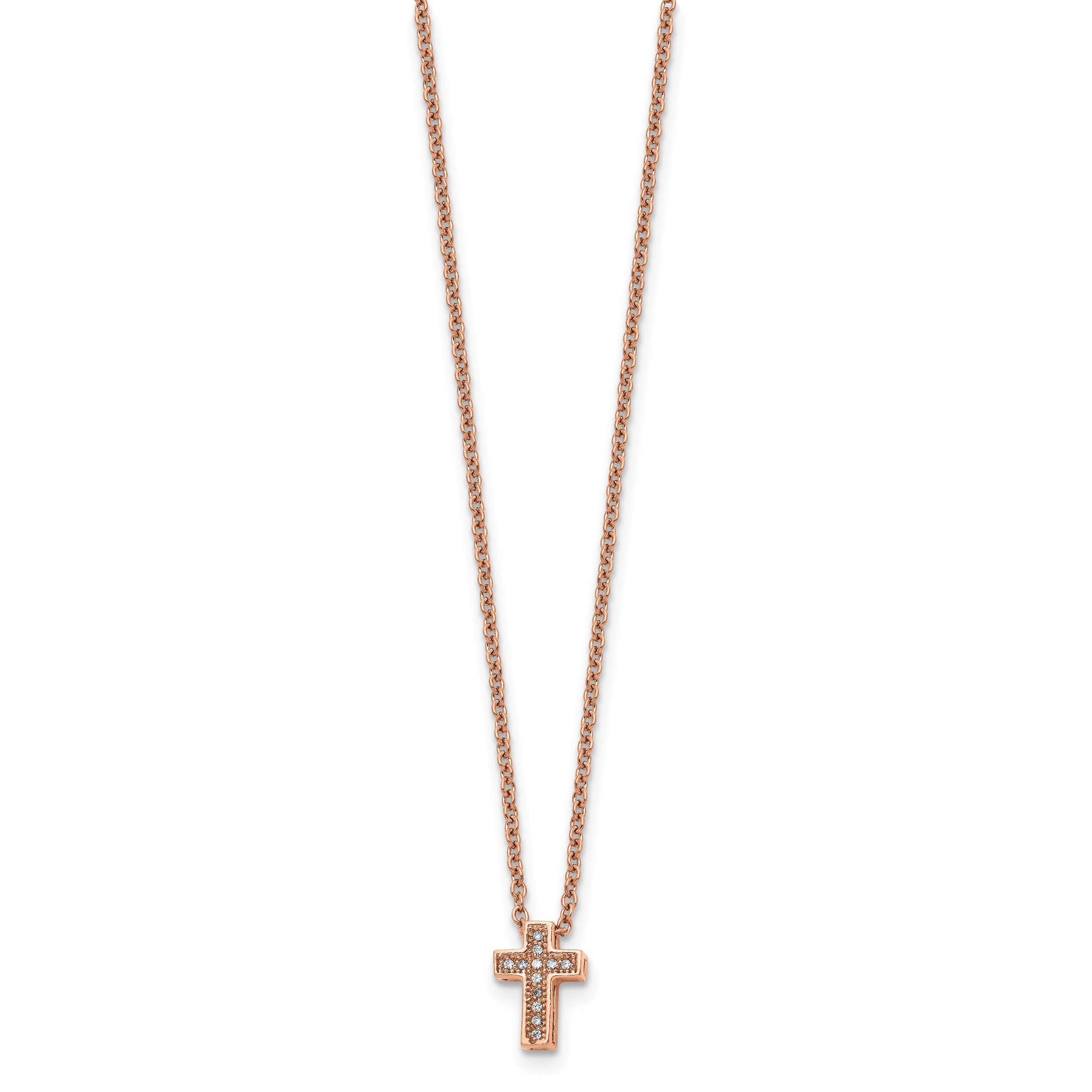 Stainless Steel Polished Rose IP-plated w/CZ Cross w/2in ext Necklace