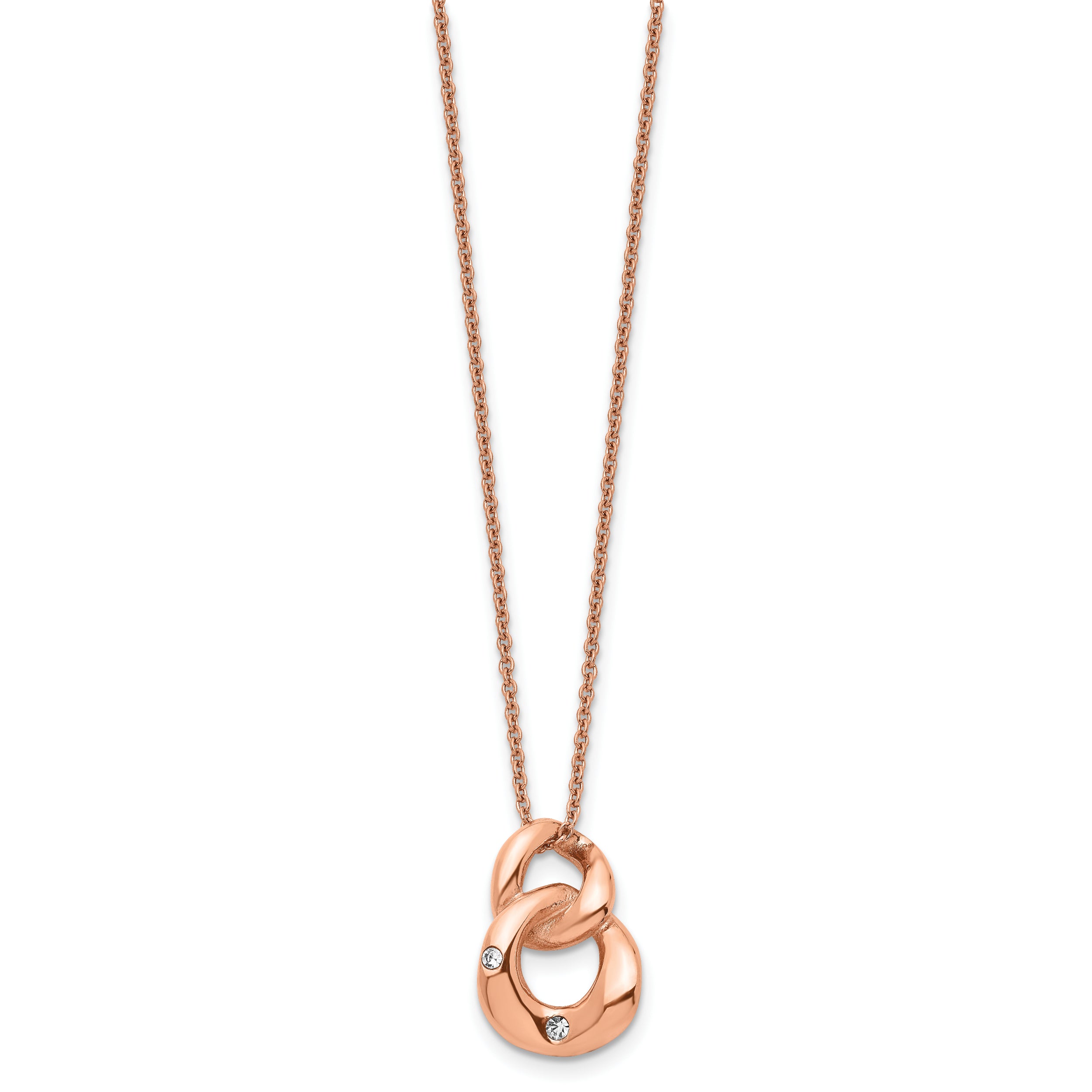 Stainless Steel Polished Rose IP-plated w/Crystal Two Loop 18in Necklace