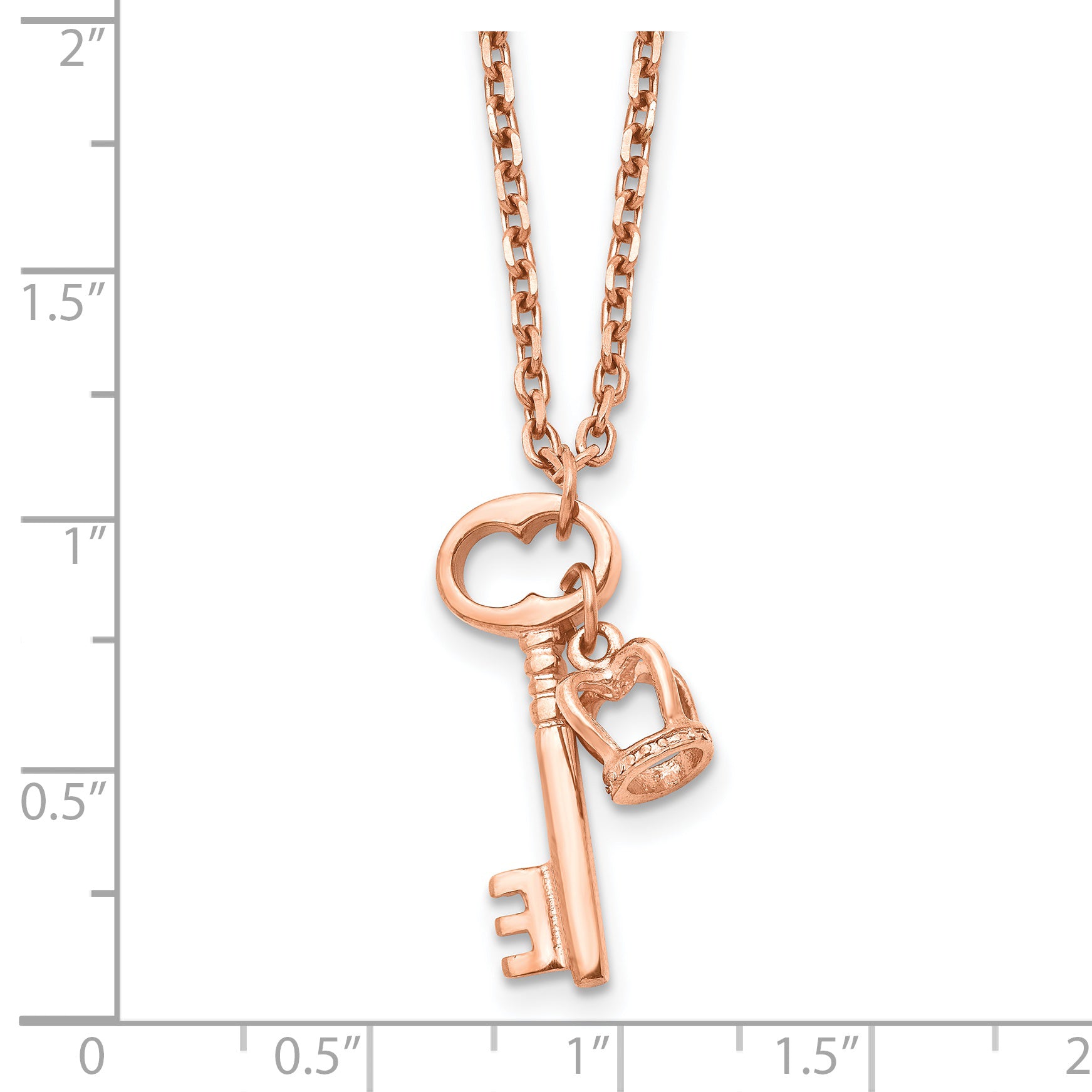 Stainless Steel Polished Rose IP Key & Crown 15.5in w/2 in ext Necklace